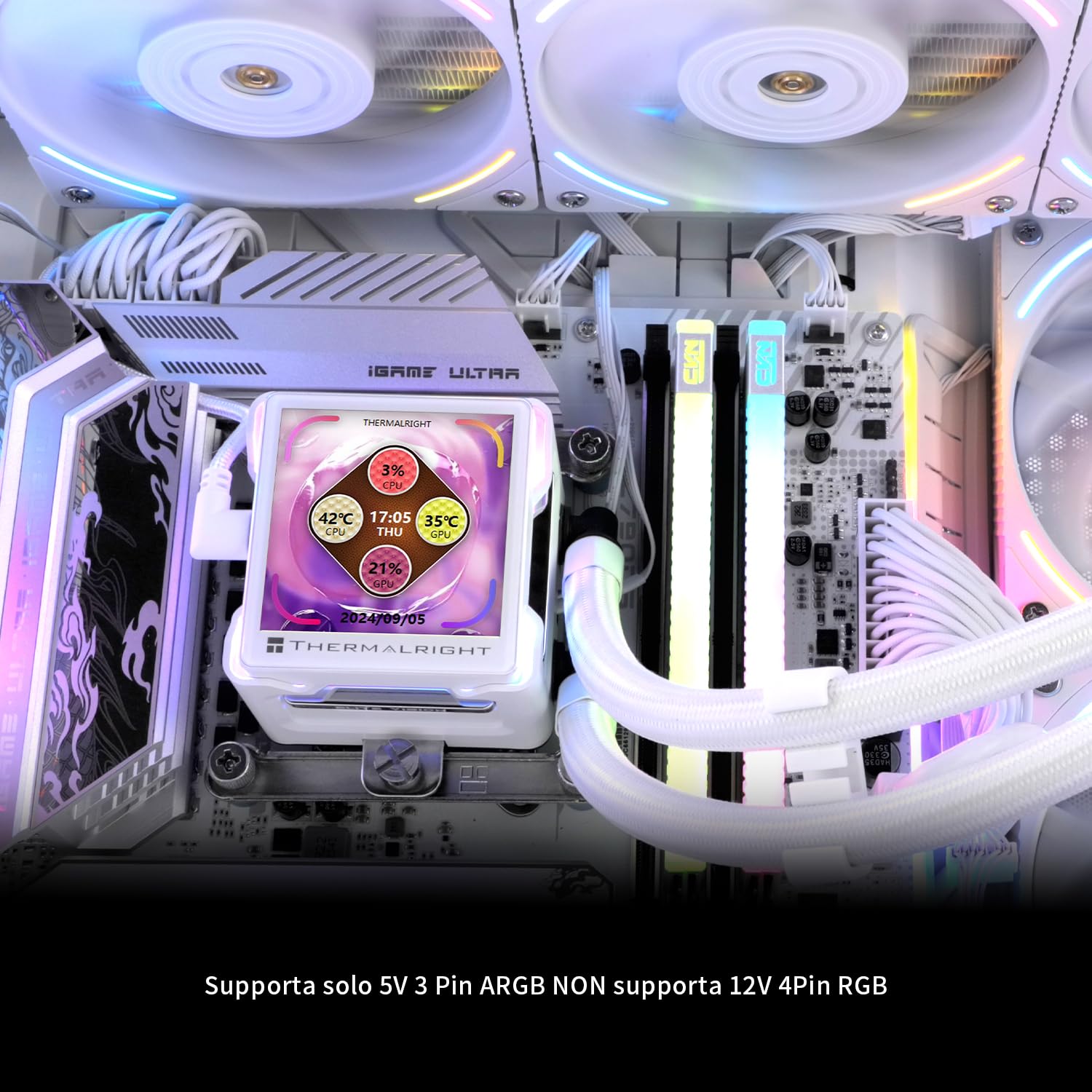 Detalle 2 de TR Elite Vision 360 ARGB White liquid CPU cooler con display IPS LCD 2,73" (360 mm) per AM5 e Intel 1700/1851