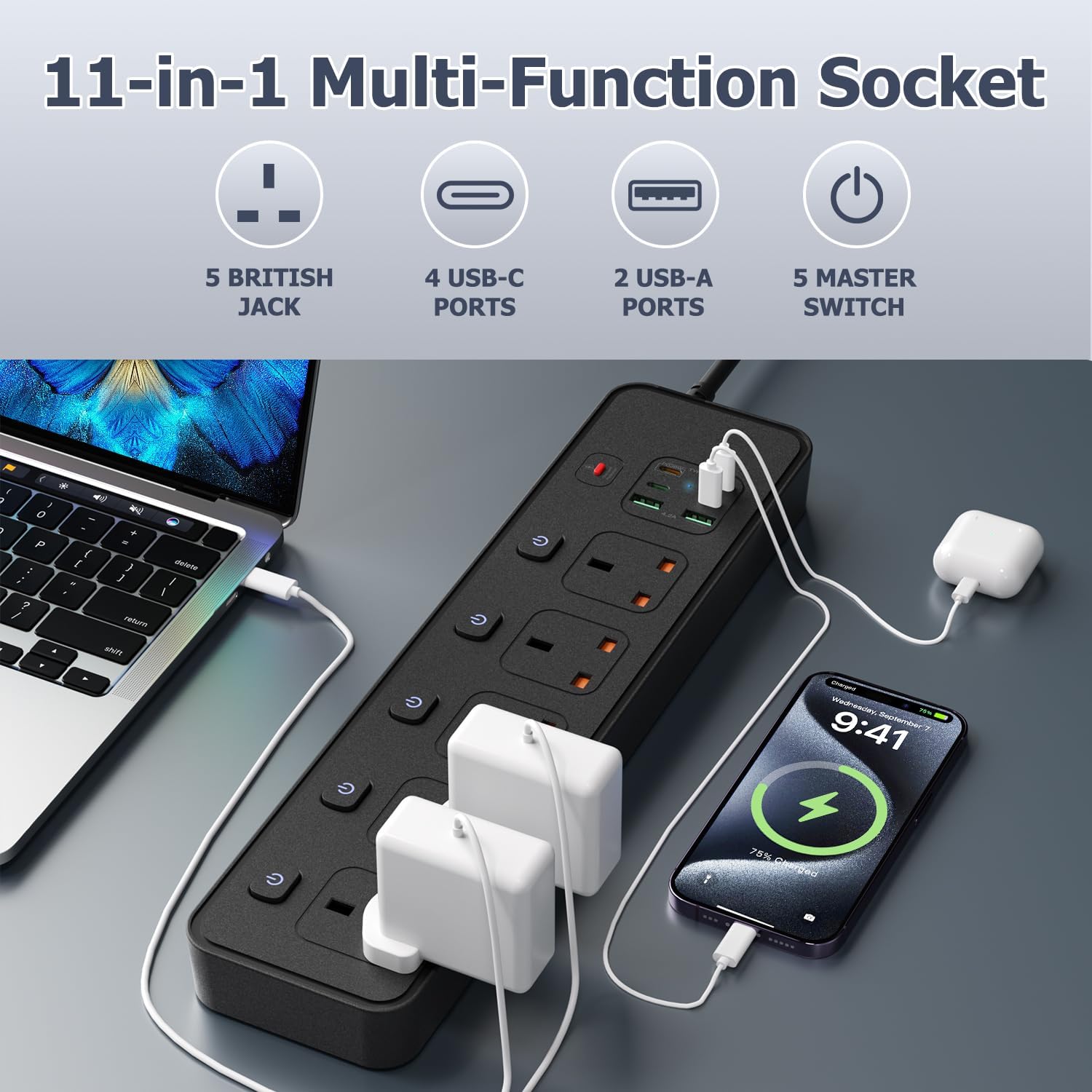 Thumbnail 1 de BOCHLION 11-in-1 Extension Lead with 6 USB Slots and Wall Mount, PD30W USB-C, Independent Switches, 3m Cable