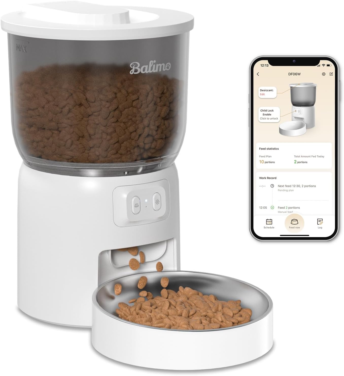 Detalle de Balimo Distributore Automatico Cibo Gatti: controllo WiFi, fino a 10 pasti al giorno, brocca in acciaio e design anti-ingresso