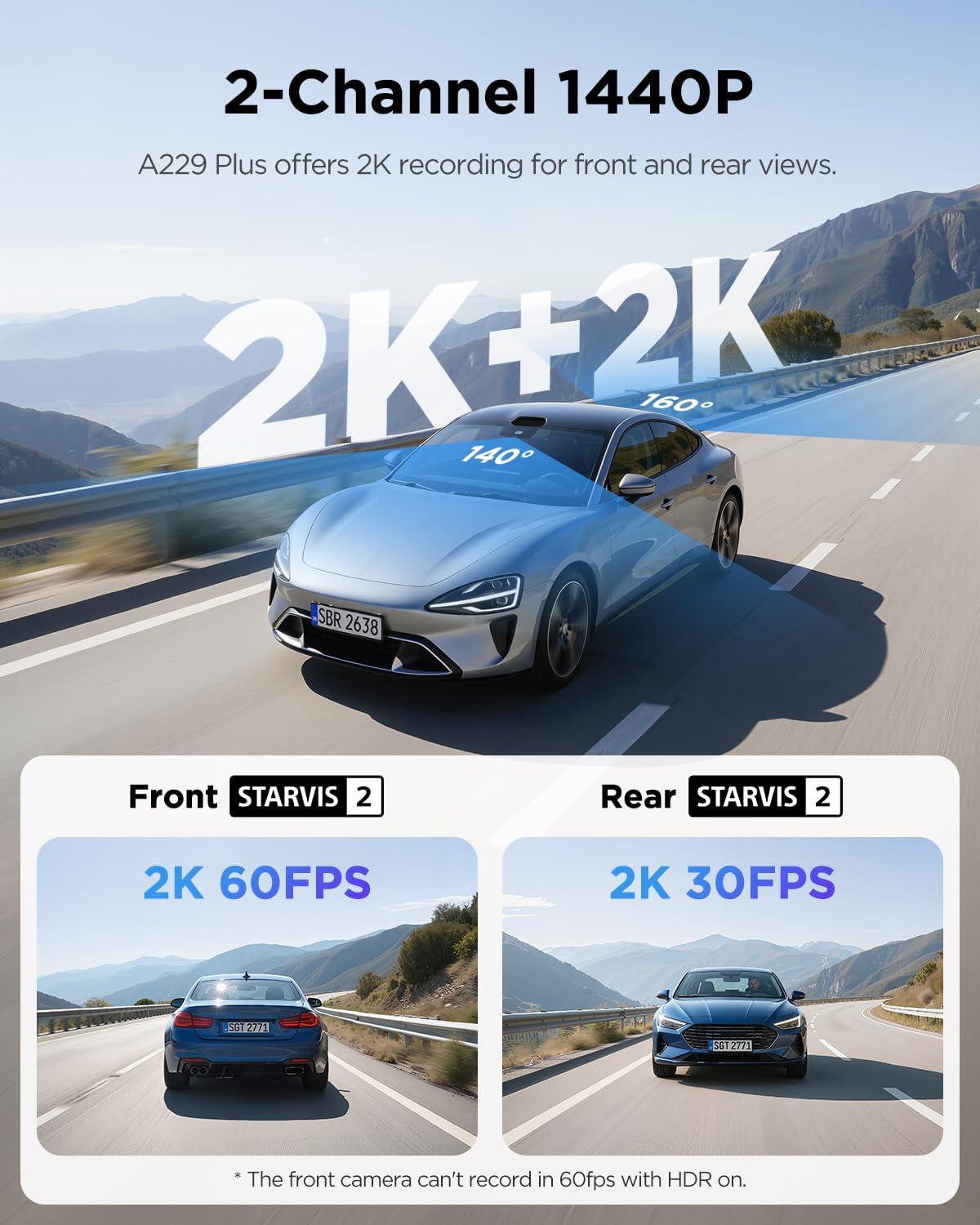 Thumbnail 1 de VIOFO A229 Plus 2-Channel Dash Cam, 1440p Front and Rear, HDR, 5GHz Wi-Fi