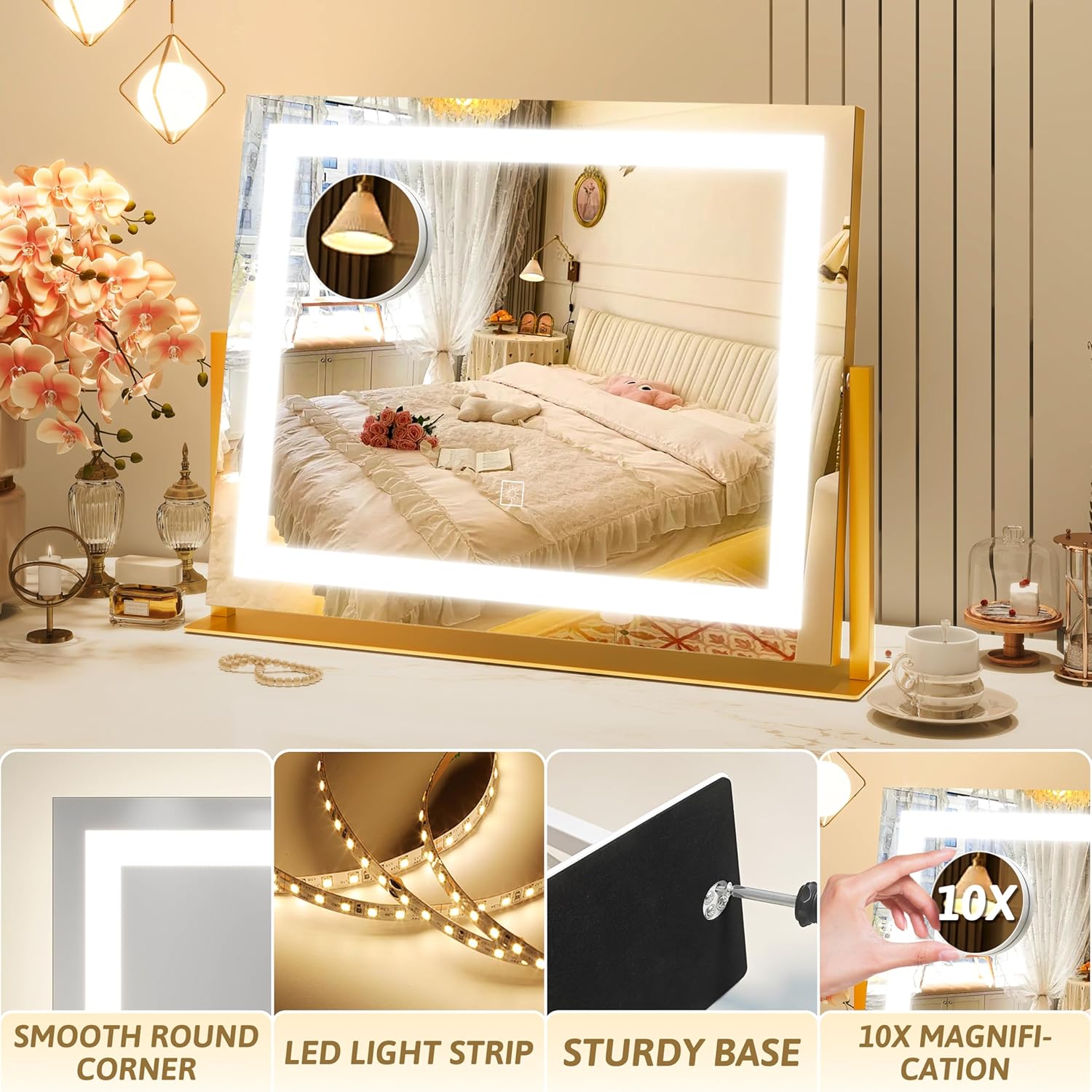 Detalle de ROLOVE Vanity Mirror with Lights (22"x18") – 10X Magnification, 3-Color Dimmable LED, 360° Rotation, USB Charging (Gold)