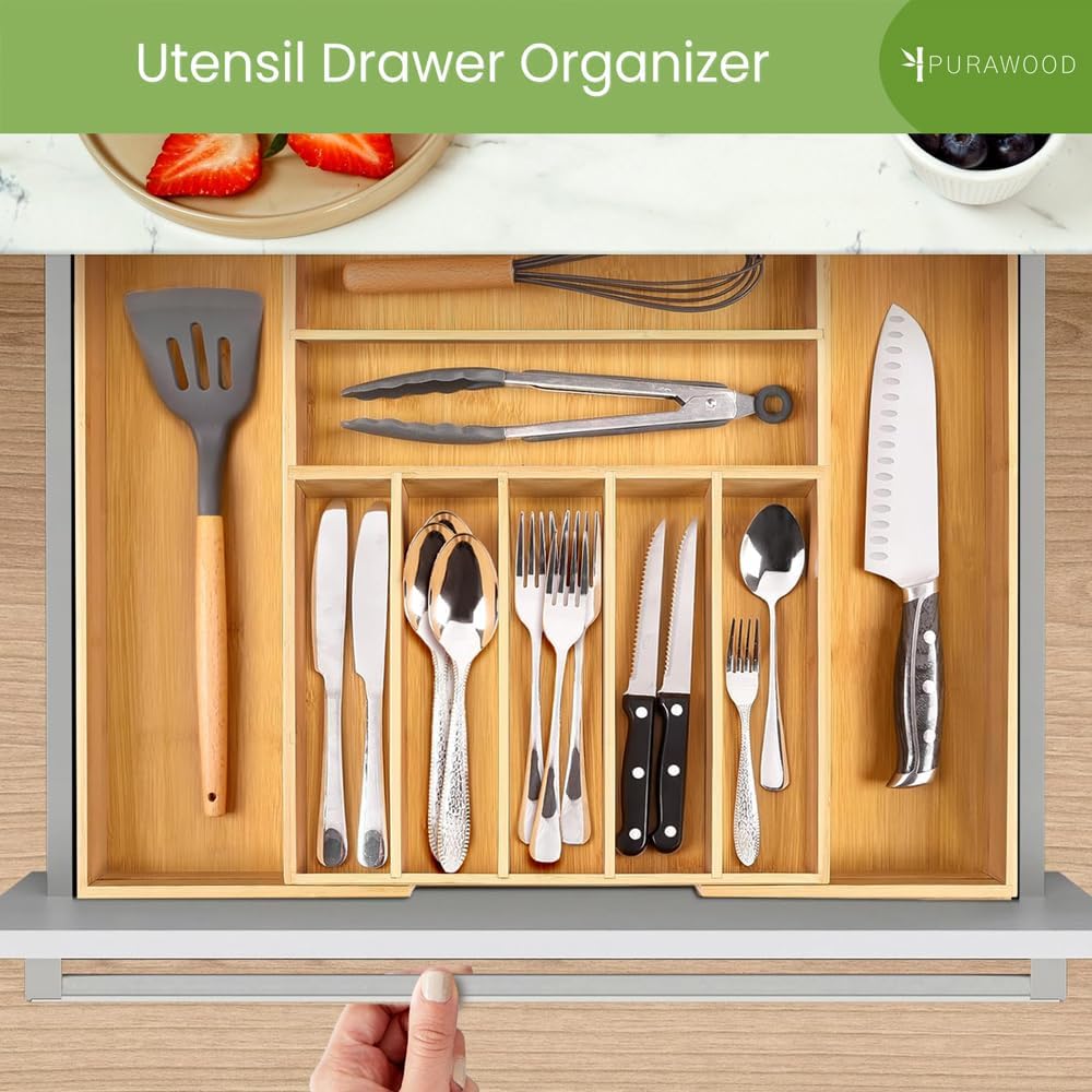 Thumbnail 5 de Purawood Bamboo Drawer Organizer: Expandable 7–9 Slot Silverware Tray
