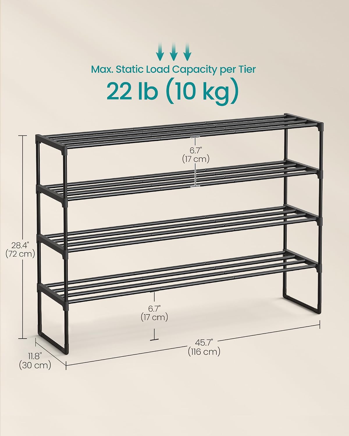 Detalle 2 de SONGMICS DEKY LSA034B01 4-Tier Shoe Rack, Stackable, 116 x 30 x 72 cm