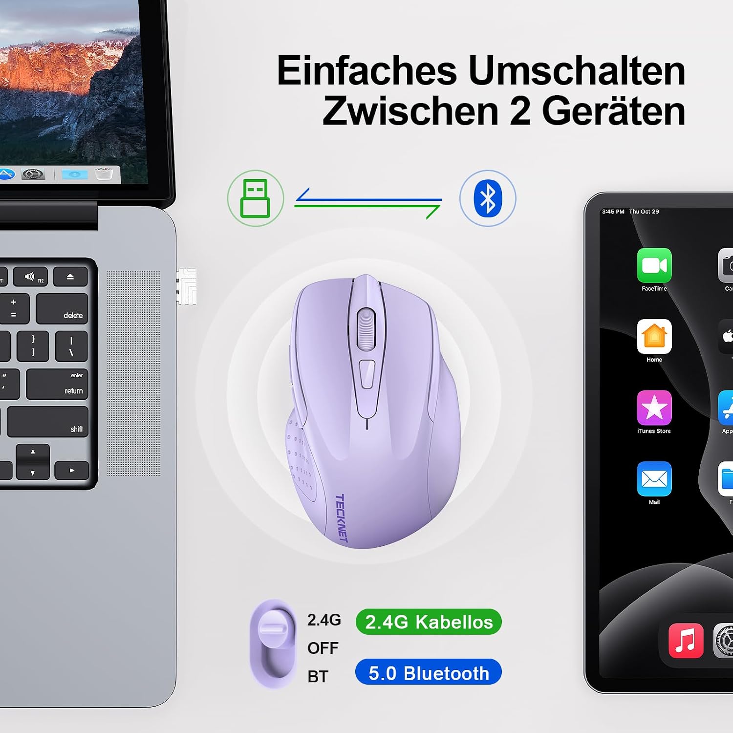 Detalle de TECKNET Bluetooth Maus (wiederaufladbar, 3 Modi BT 5.0/3.0 + 2,4G, 4800 DPI) – ergonomisch, leise, lila