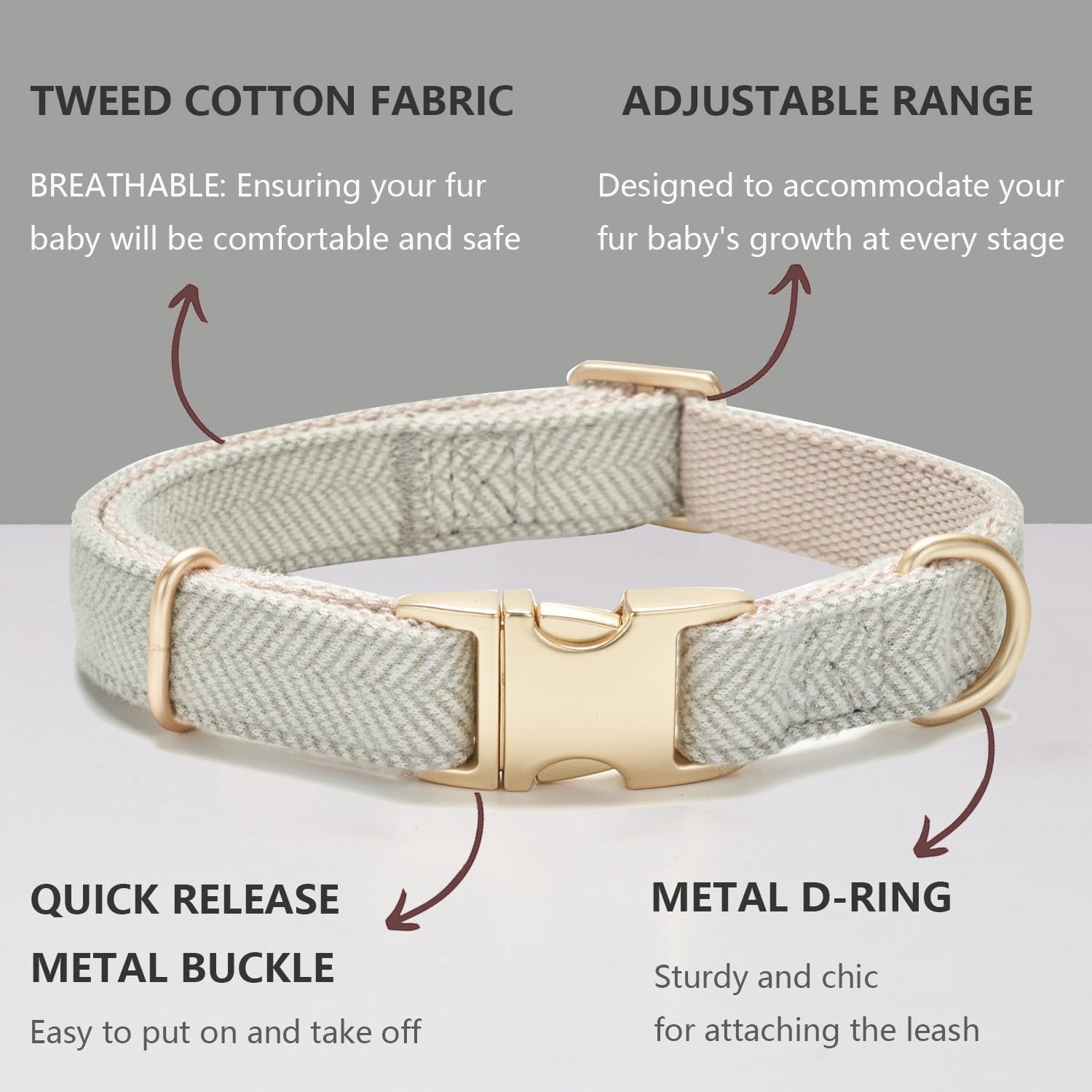 Detalle de Petiry Tweed Herringbone Dog Collar with Metal Buckle for Small Dogs (25–38 cm) – Grey