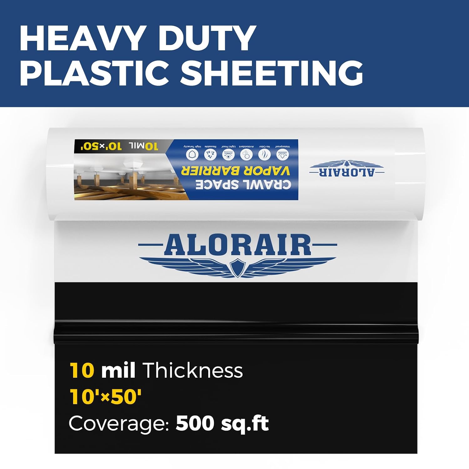 Detalle de ALORAIR Crawl Space Vapor Barrier, 10 mil, 10' x 50' Black/White Film
