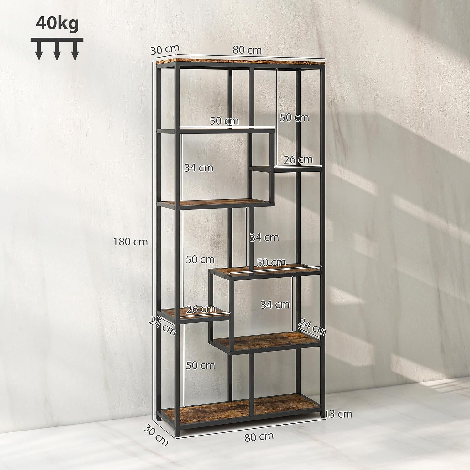 Detalle de HOMCOM 836-639V00BT 7-Tier Geometric Bookcase, Rustic Brown and Black