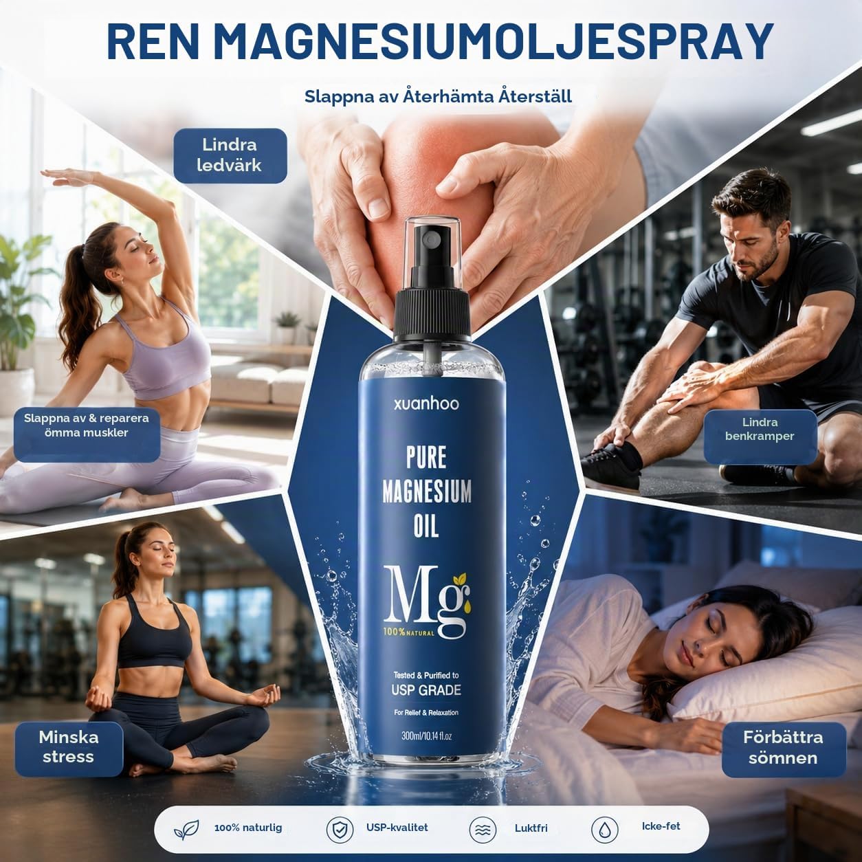 Detalle de xuanhoo magnesiumoljespray 300 ml med magnesiumklorid, alkoholfri