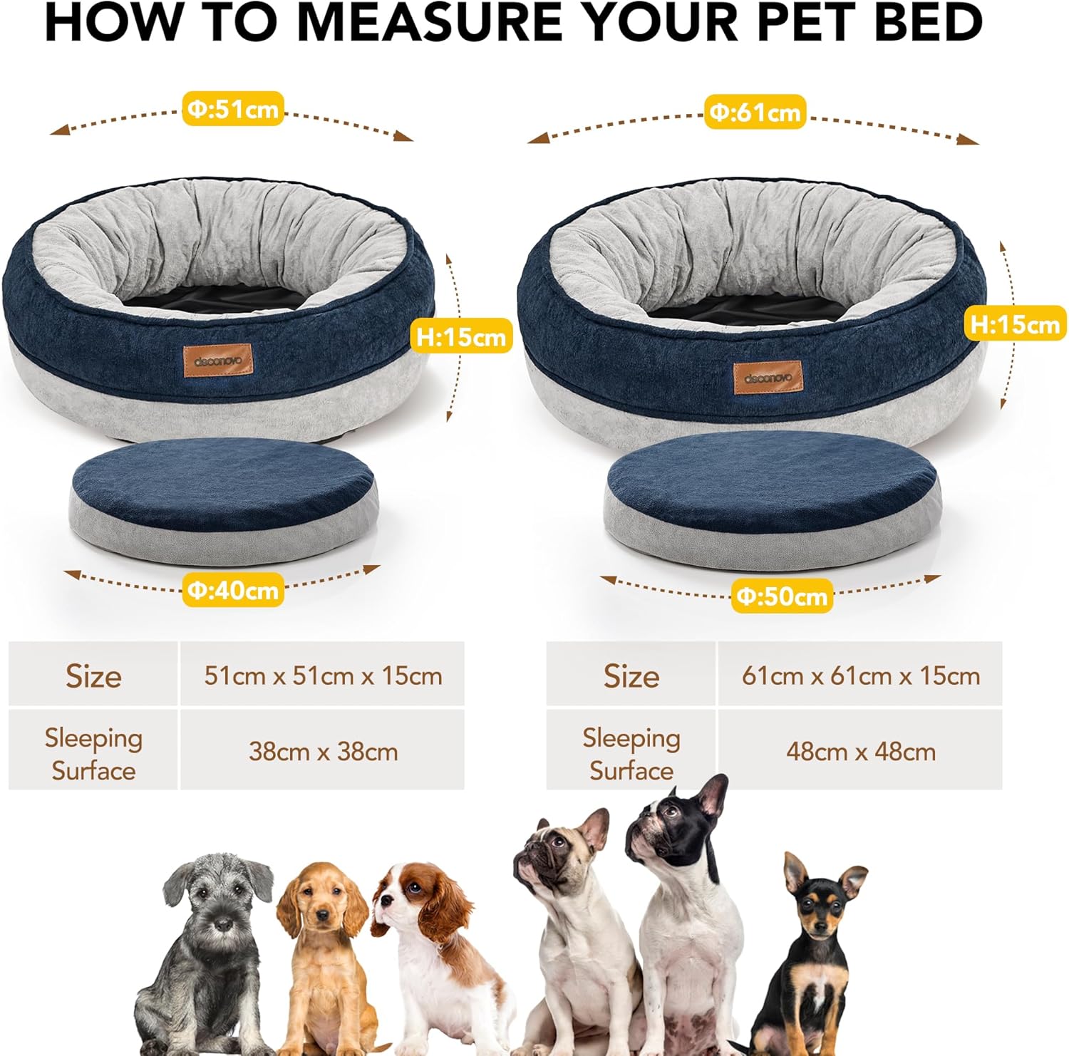 Thumbnail 4 de Deconovo lit orthopédique pour chien 51 x 51 x 15 cm – coussin moelleux bleu marine et gris clair