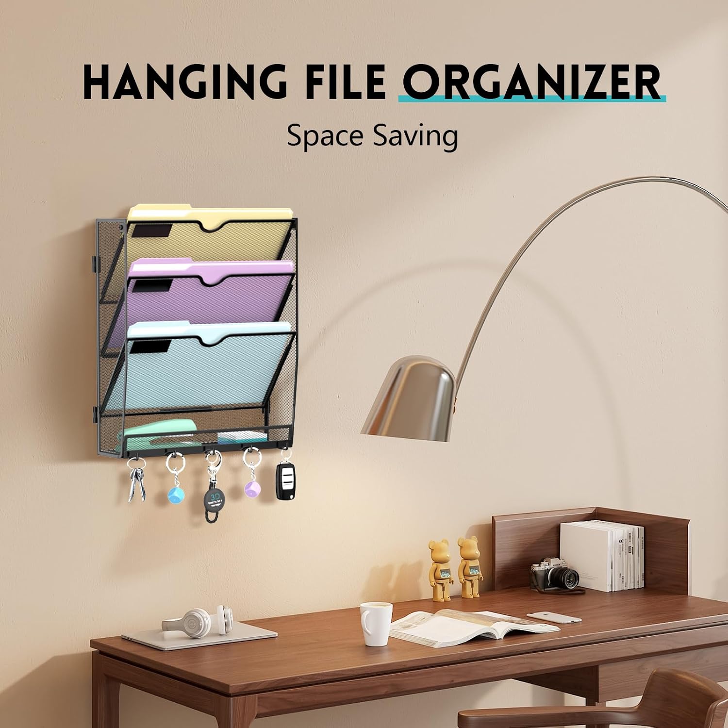 Detalle 1 de ReePlan R4CGQ000023 4-Tier Wall File Organizer with 5 Hooks, Black Metal Mesh