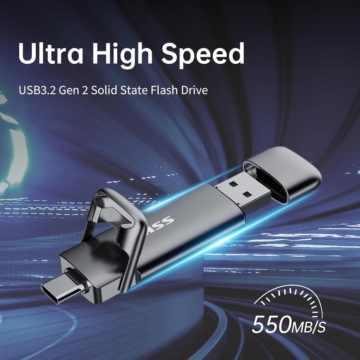 Detalle 2 de SSK External USB C SSD Flash Drive 512GB (Dual USB C + USB A) with 550 MB/s read, 500 MB/s write