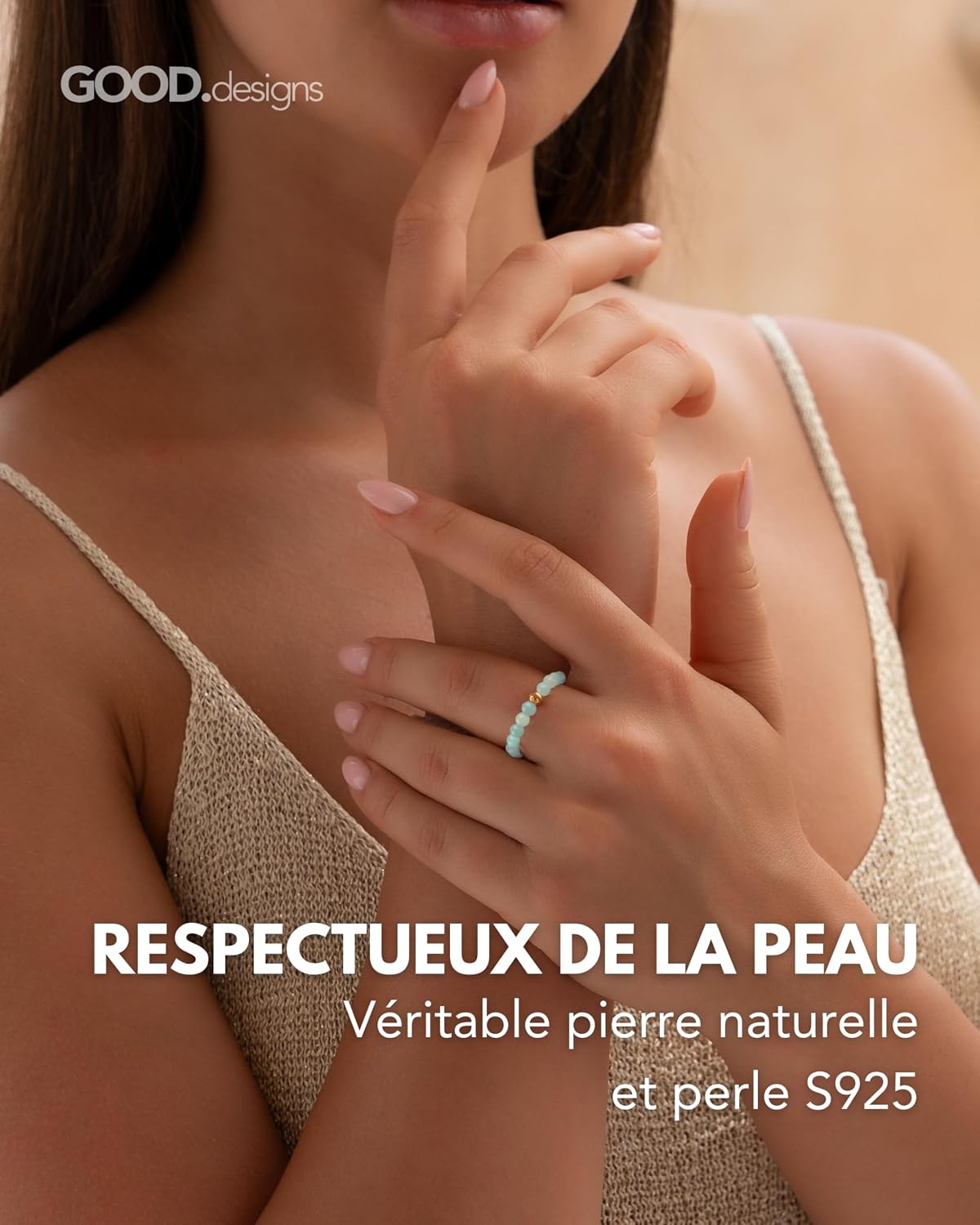 Detalle 2 de GD GOOD.designs EST. 2015 Anneau antistress en pierres naturelles avec perle S925 dorée — Tailles 54-60