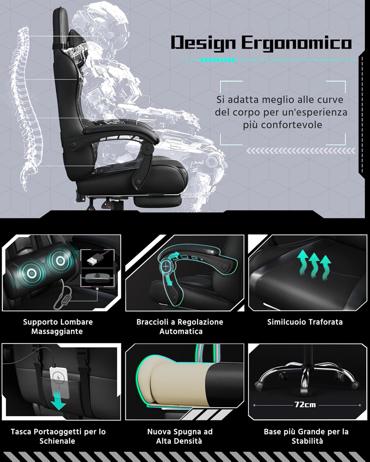 Thumbnail 4 de Yaheetech Sedia Gaming Ergonomica Massaggiante Reclinabile con Poggiapiedi, Poggiatesta e Supporto Lombare — Poltrona da Scrivania Nero