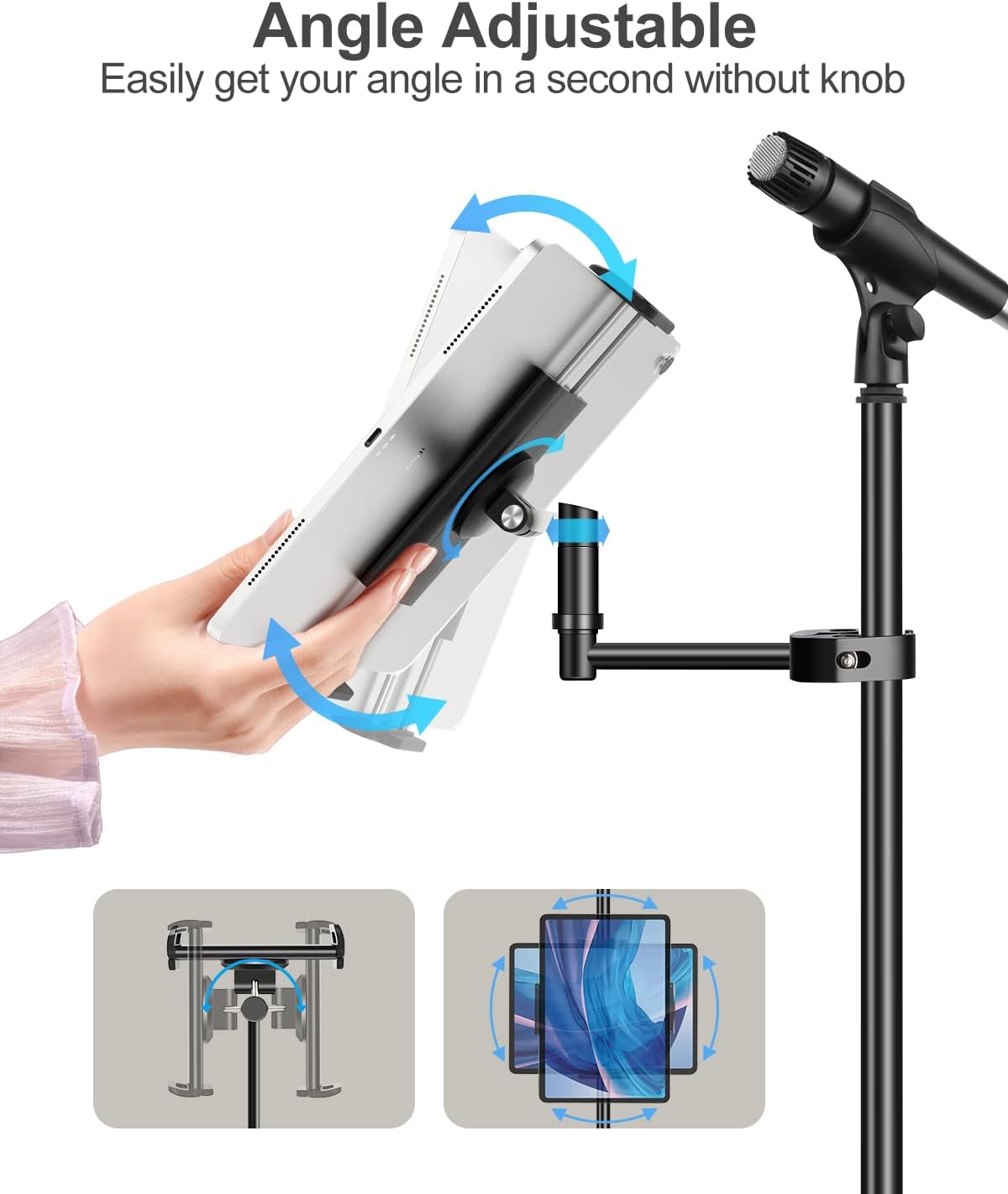 Detalle de elitehood Aluminium iPad Halterung am Mikrofonständer – 360° drehbar für iPad (4,7 bis 13 Zoll)
