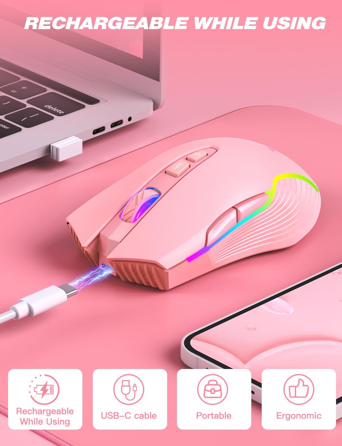 Detalle 2 de ONITOON Wireless Gaming Mouse in Pink (2.4G) with RGB, 5 DPI levels and USB-C recharge