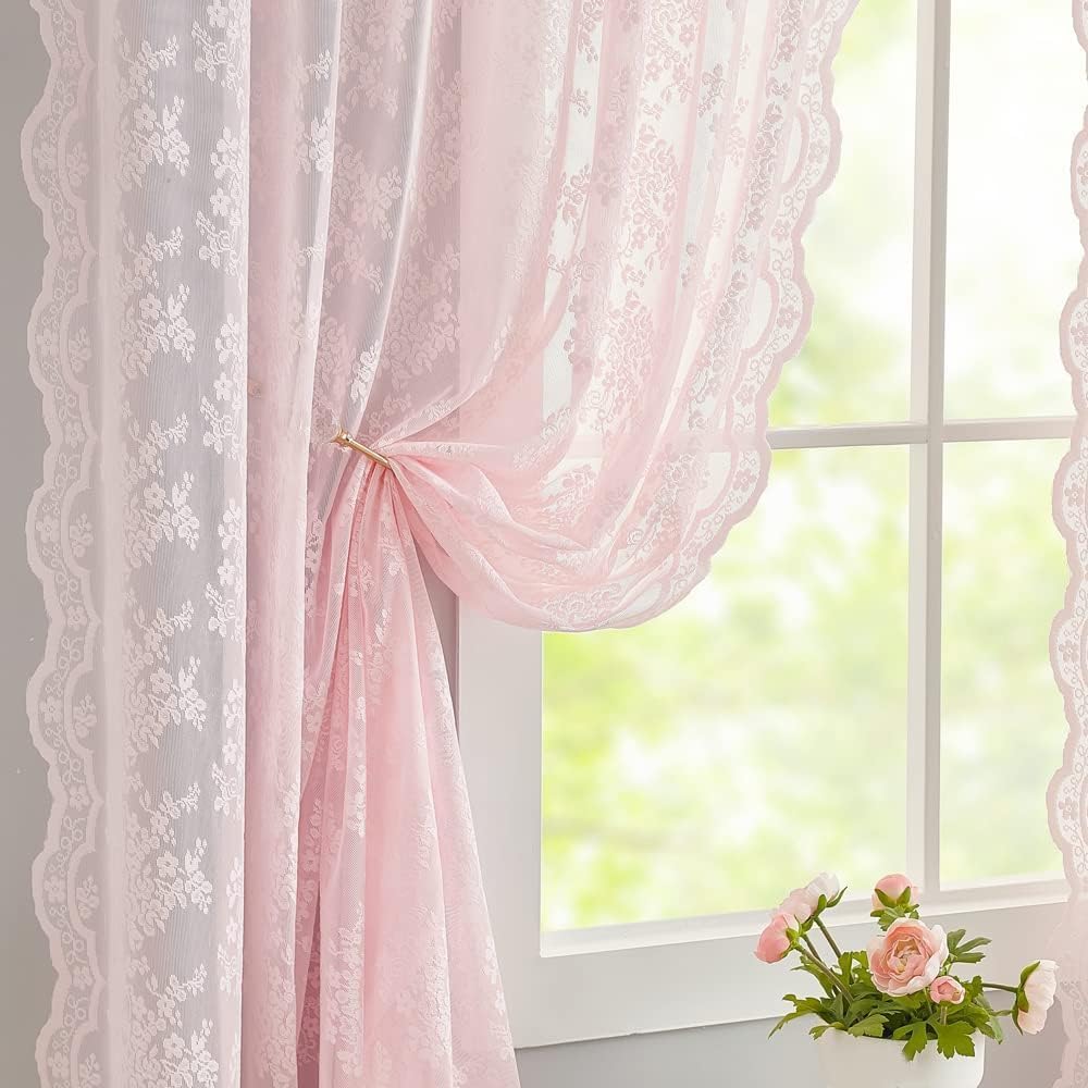 Detalle de YJ YANJUN Vintage Lace Curtains, Light Pink Floral Sheer, 52 x 80 Inches