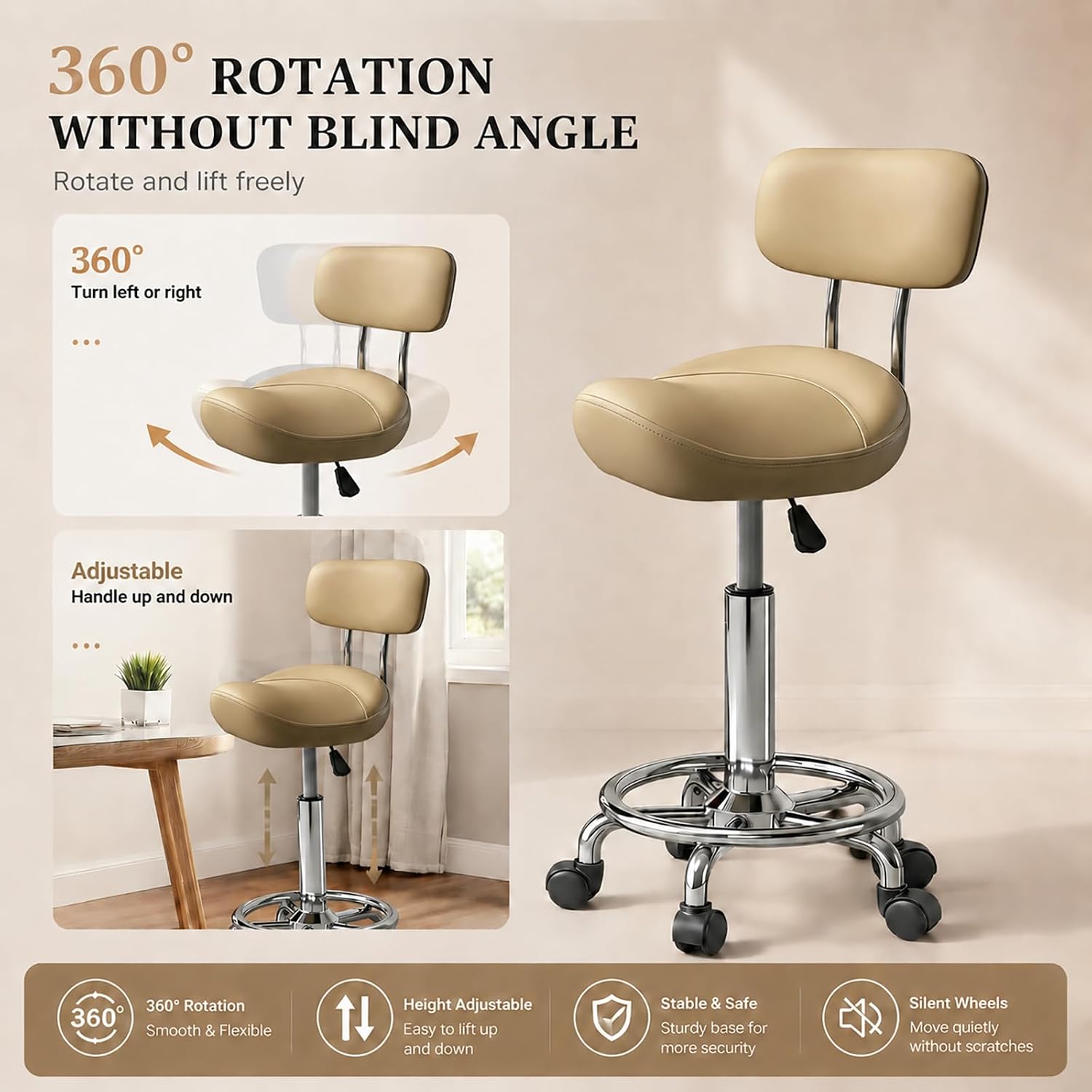 Thumbnail 2 de Walktory MAYCAV3-Backrest-Khaki Saddle Stool with Back, Adjustable Height