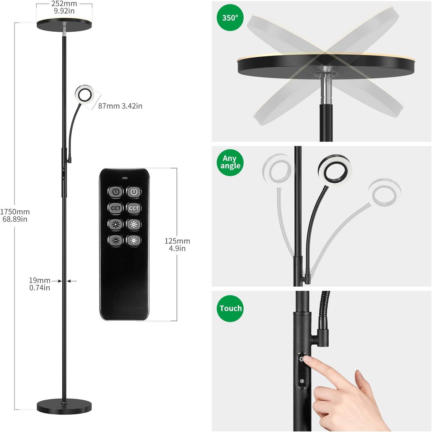 Thumbnail 4 de Modlicht 35W LED-Stehlampe dimmbar schwarz mit Leselampe, Fernbedienung & Touch, 4200 lm, 3000–6000 K