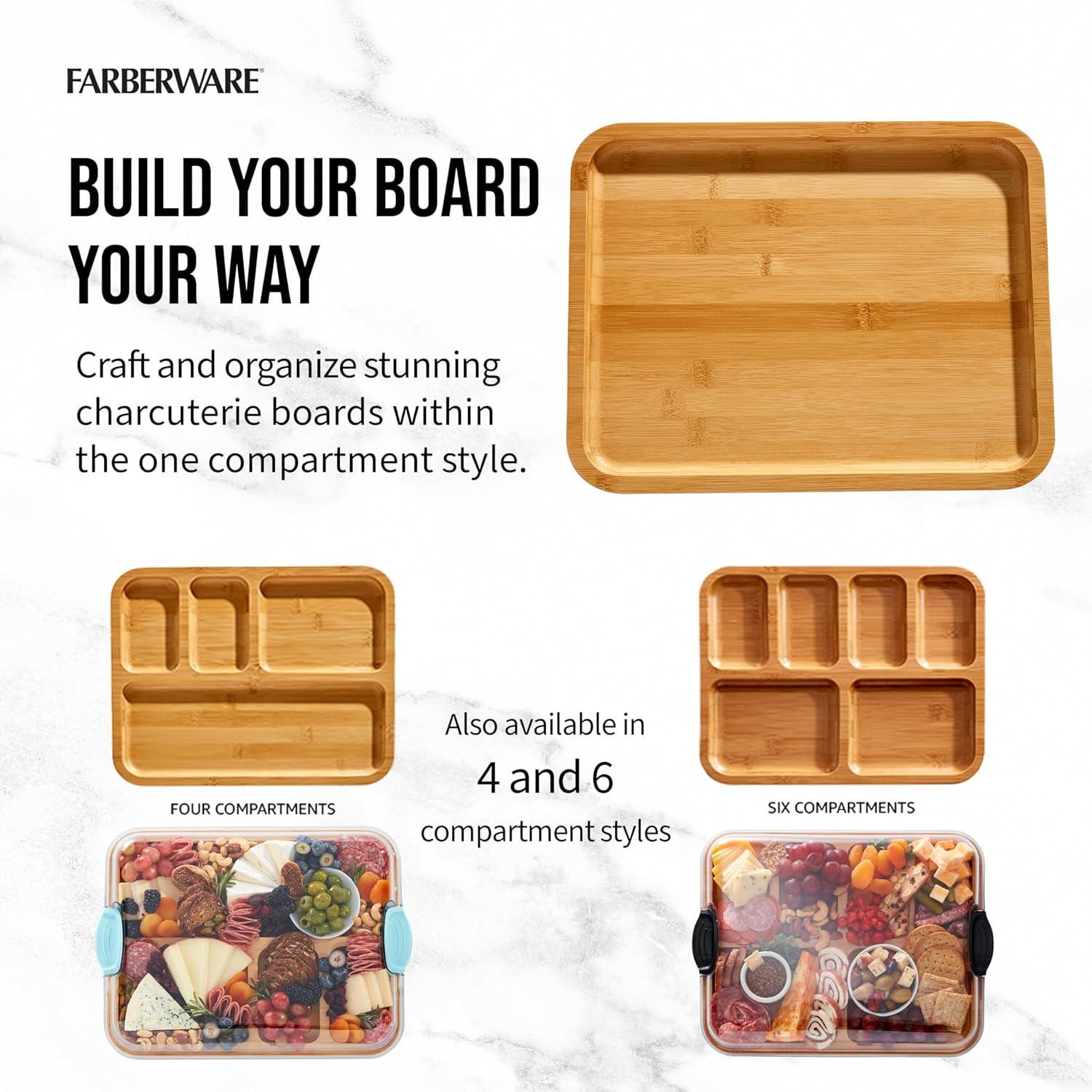 Detalle de FARBERWARE Build-A-Board Bamboo Cutting Board with Built-in Compartments, Clear Locking Lid & Navy Handles ⚙