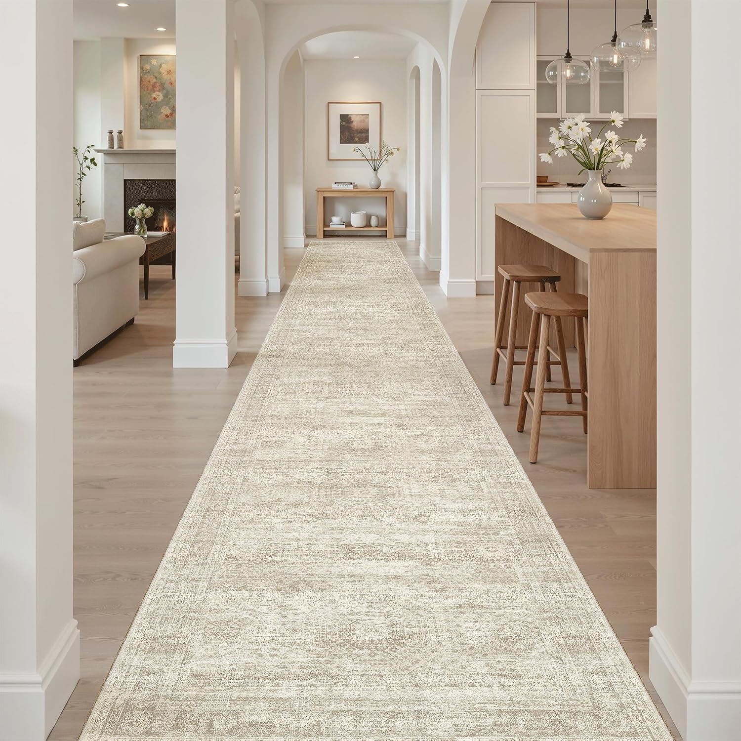 Detalle de Soalmost 3x20 Hallway Runner Rug, Beige Vintage Geometric, Washable