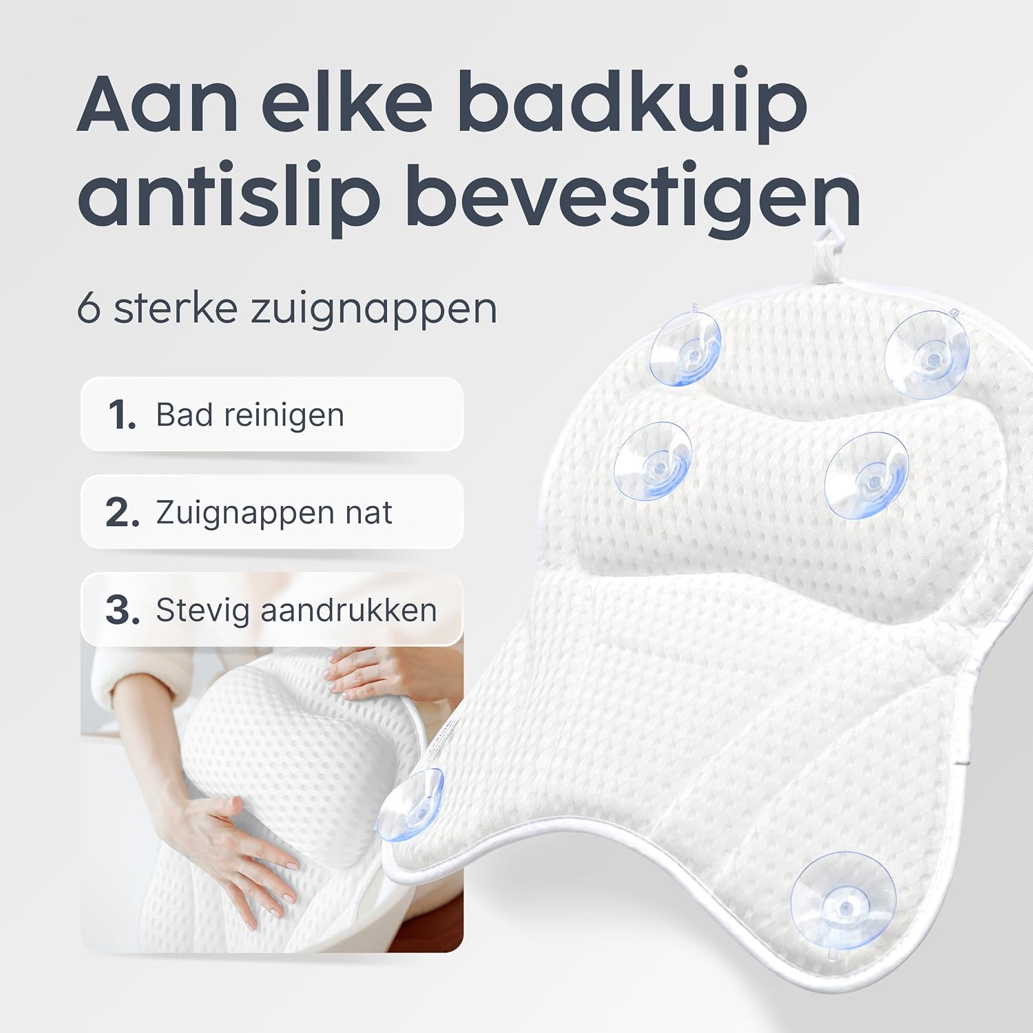 Detalle 2 de Vesta+ BK-L-W badkussen XXL, wit, met 6 zuignappen en neksteun van 8 cm