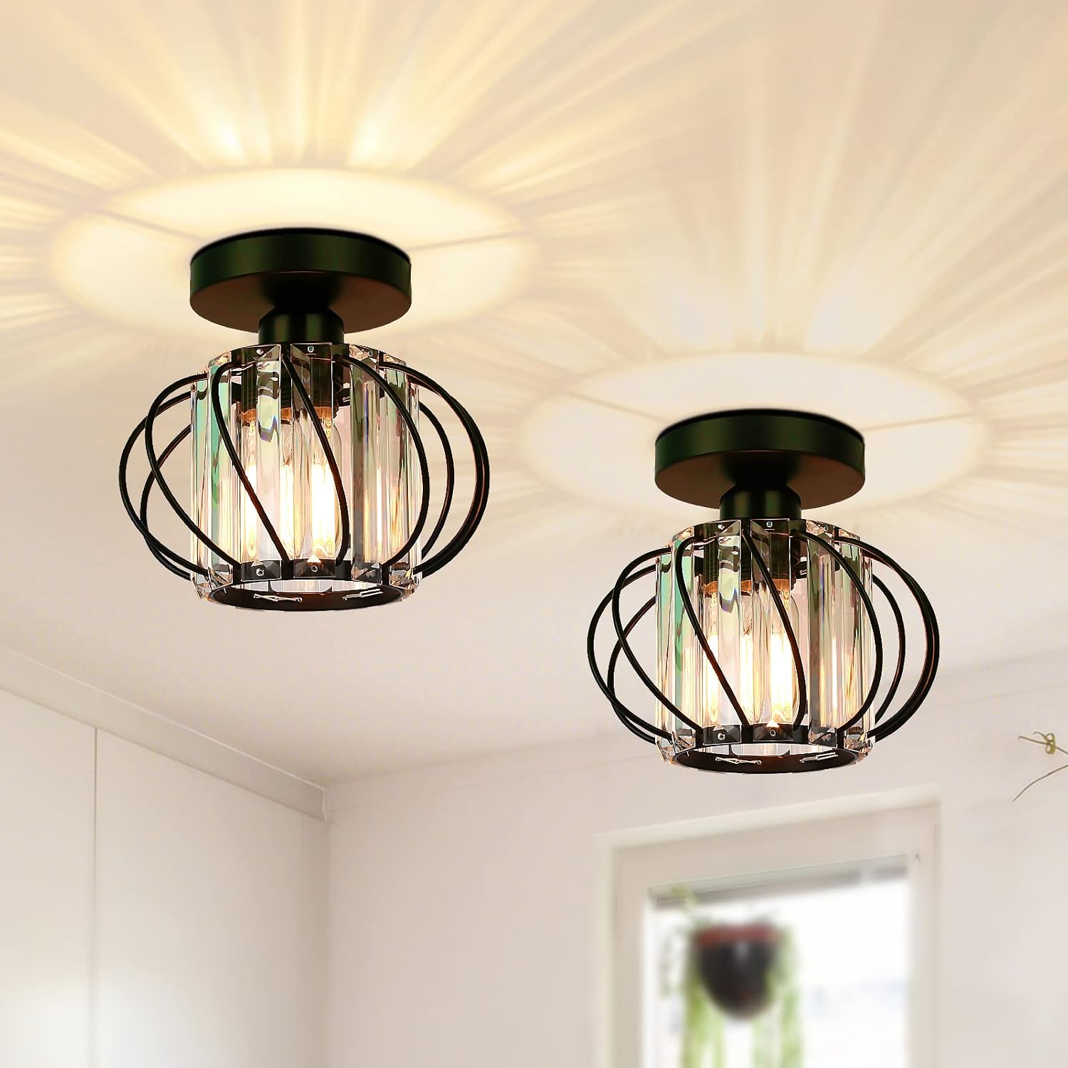 Detalle de FRIDEKO HOME Modern Crystal Flush Ceiling Light Fixture (Black) – Industrial 2 Pack, E27