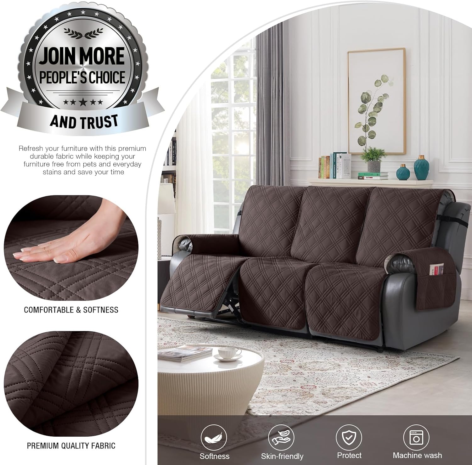 Thumbnail 1 de TAOCOCO 100% Waterproof Recliner Sofa Cover (3-Piece) for 3-Seat Reclining Couches, Chocolate