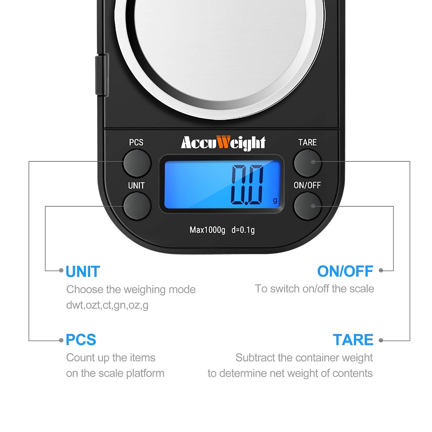 Detalle 2 de ACCUWEIGHT Mini Pocket-weegschaal, 1.000 g met 0,1 g resolutie