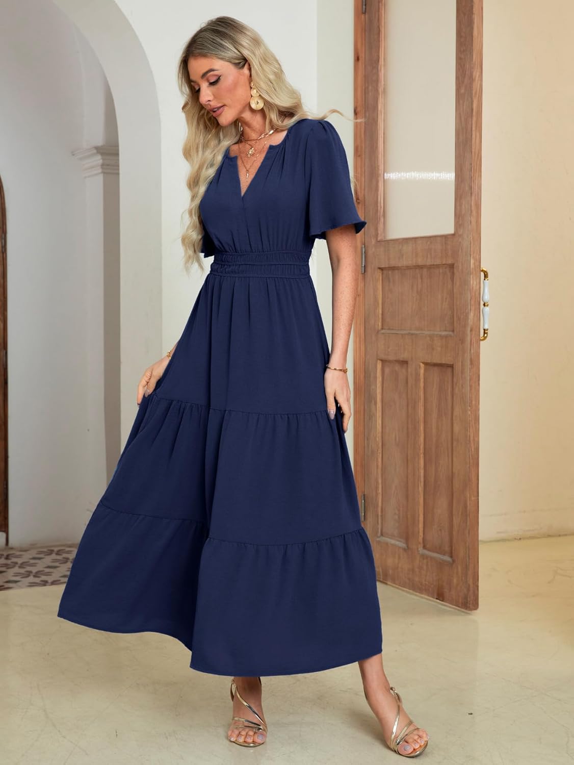 Thumbnail 2 de Amegoya Women’s Short Sleeve V-Neck Formal Maxi Dress for Wedding Guests (Polyester, Pull-Over)