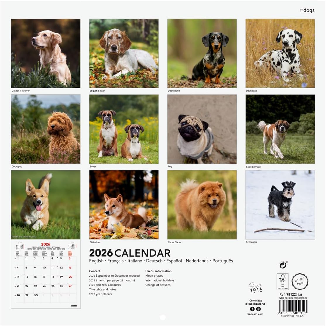 Detalle de Finocam Calendrier mural 2026 30 x 30 cm – 1 mois par page (janvier-décembre 2026 + sept.-déc. 2025)