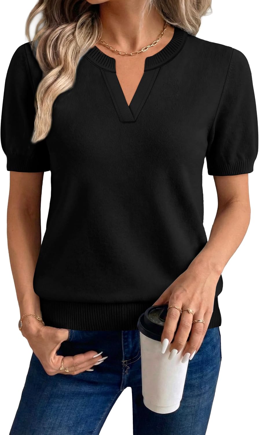 Detalle 2 de WIHOLL Short-Sleeve V-Neck Sweater for Women, Lightweight Knit