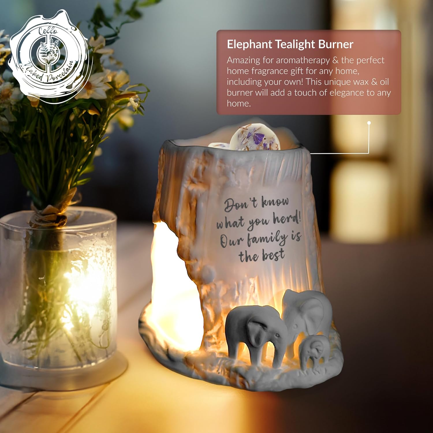 Thumbnail 1 de Cello Elephant Tealight Burner – family-themed porcelain wax melt & oil burner ornament