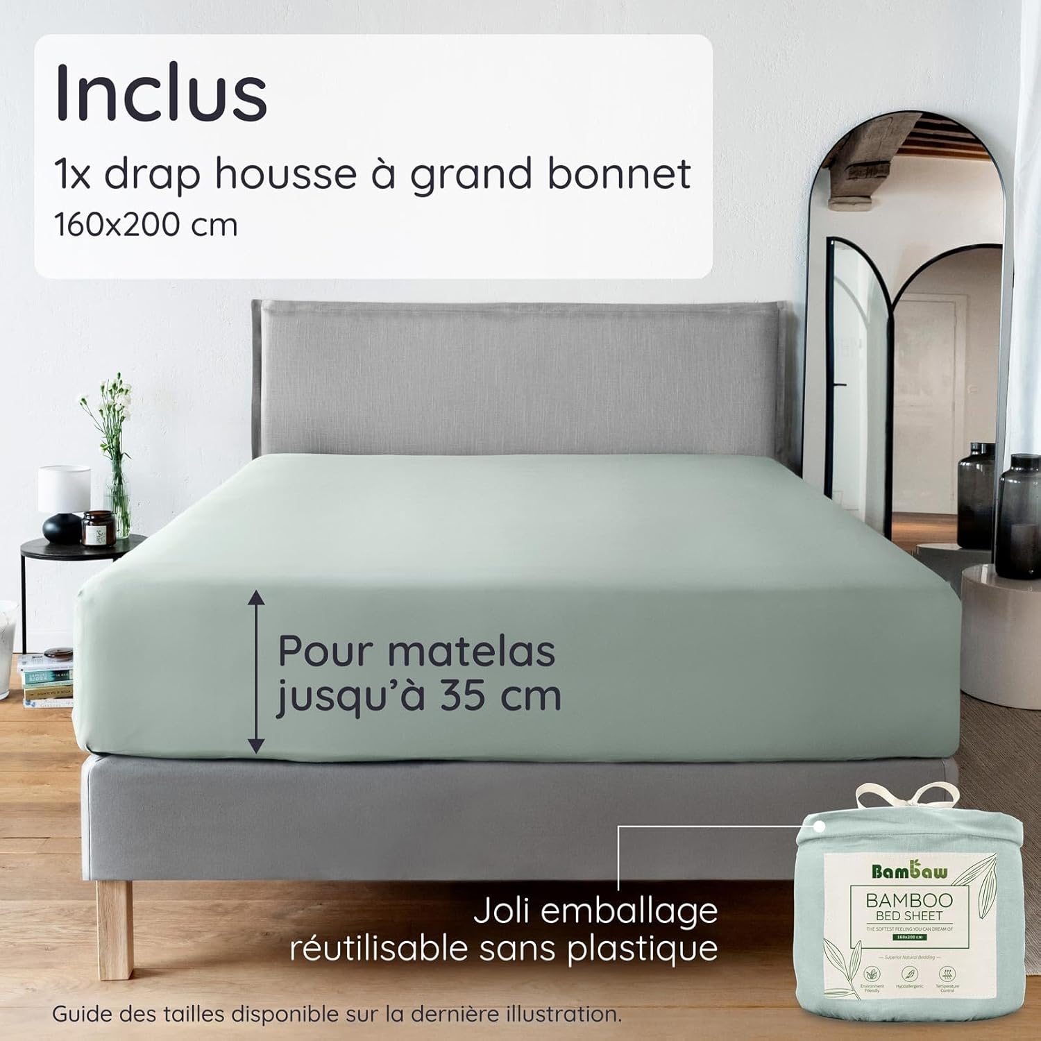 Thumbnail 1 de Bambaw Drap housse en bambou 160x200 cm (pour matelas épais jusqu’à 35 cm) – Vert d’eau