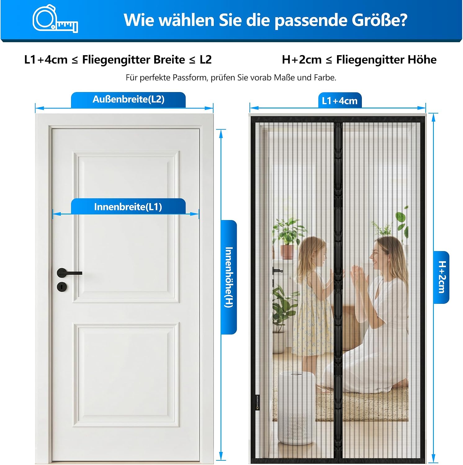Detalle de MYCARBON Fliegengitter für Außentür 100 x 210 cm – magnetisch, ohne Bohren, Klebeband