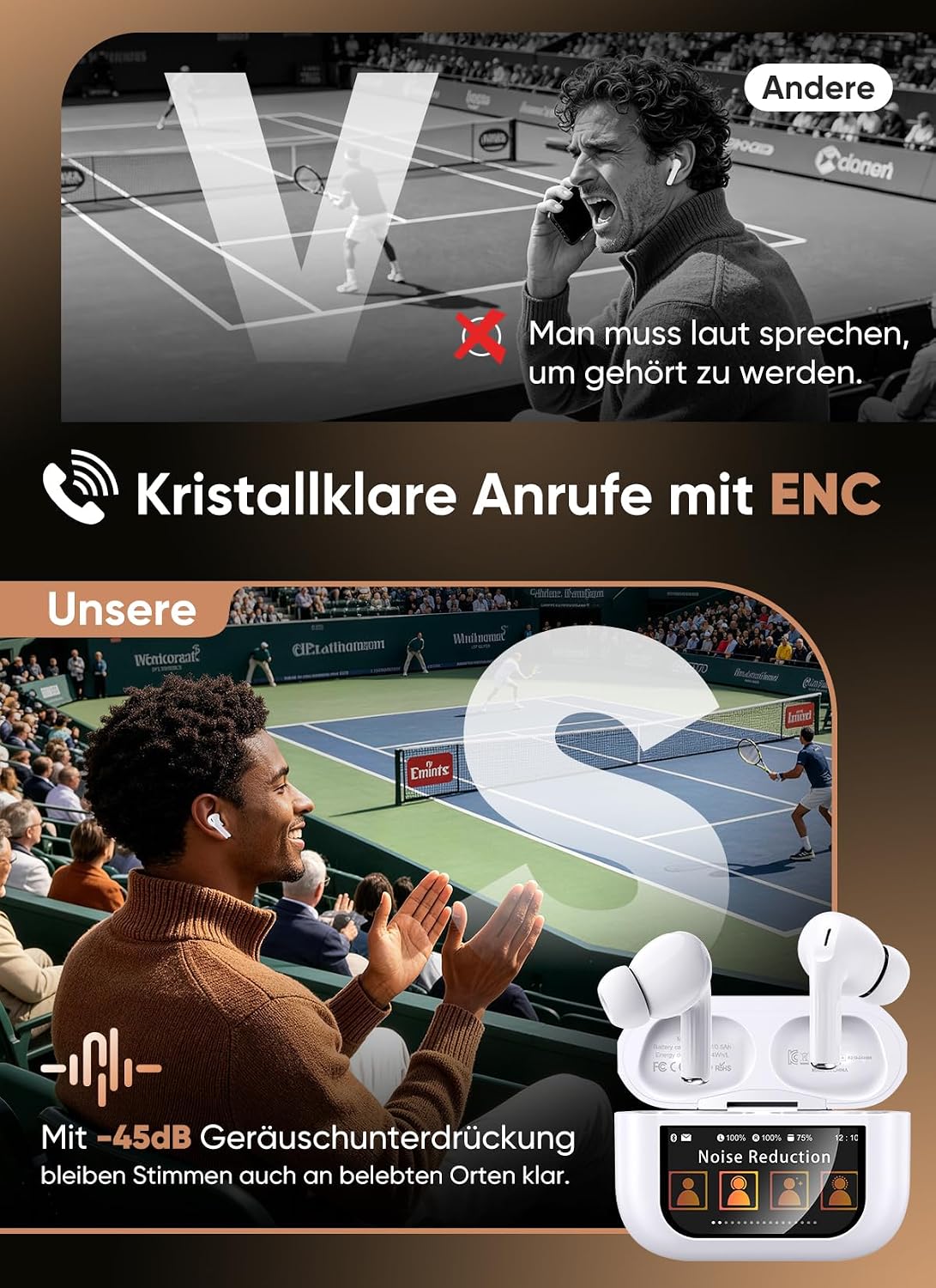 Detalle de ZZU Kopfhörer Kabellose Bluetooth 5.4 mit Smart Touchscreen – ANC, ENC, 48 Std Laufzeit, IPX7, Weiß