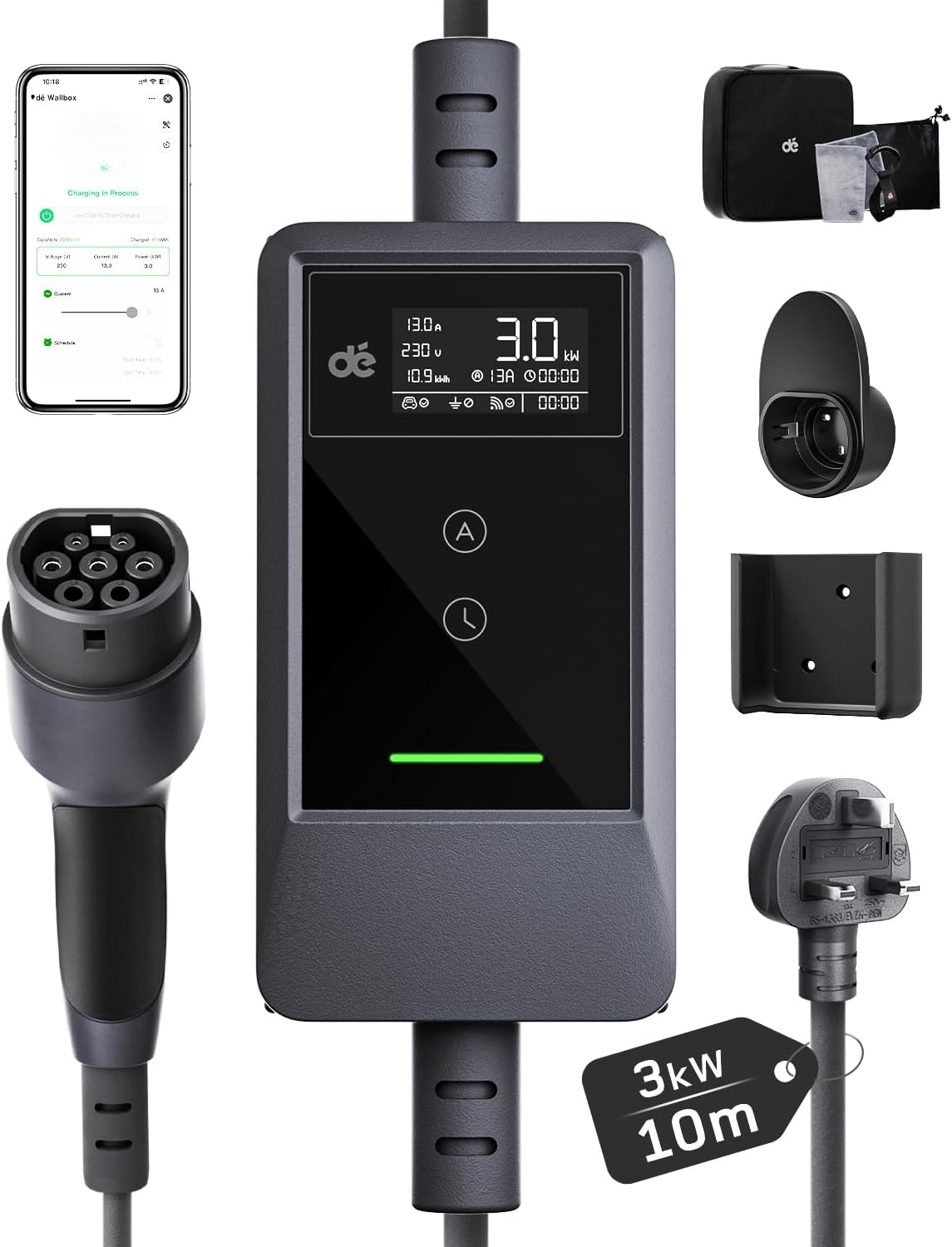 Detalle de Dé EV Charger 3 Pin Plug 10m with App – 3kW Portable Type 2 EV Charger for UK Homes