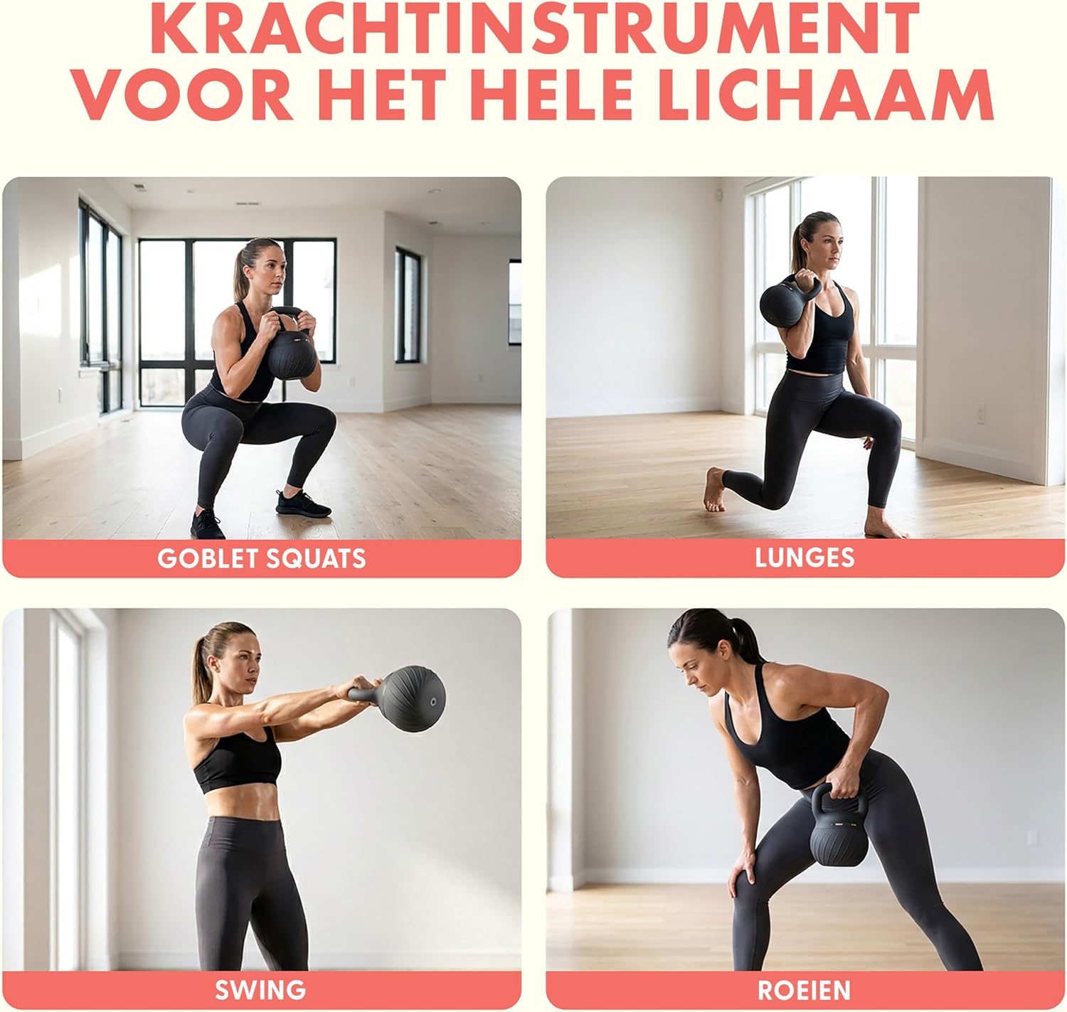 Detalle de SQUATZ SQKBSFT60BK Soft Drop kettlebellset met gedempte basis en brede grip