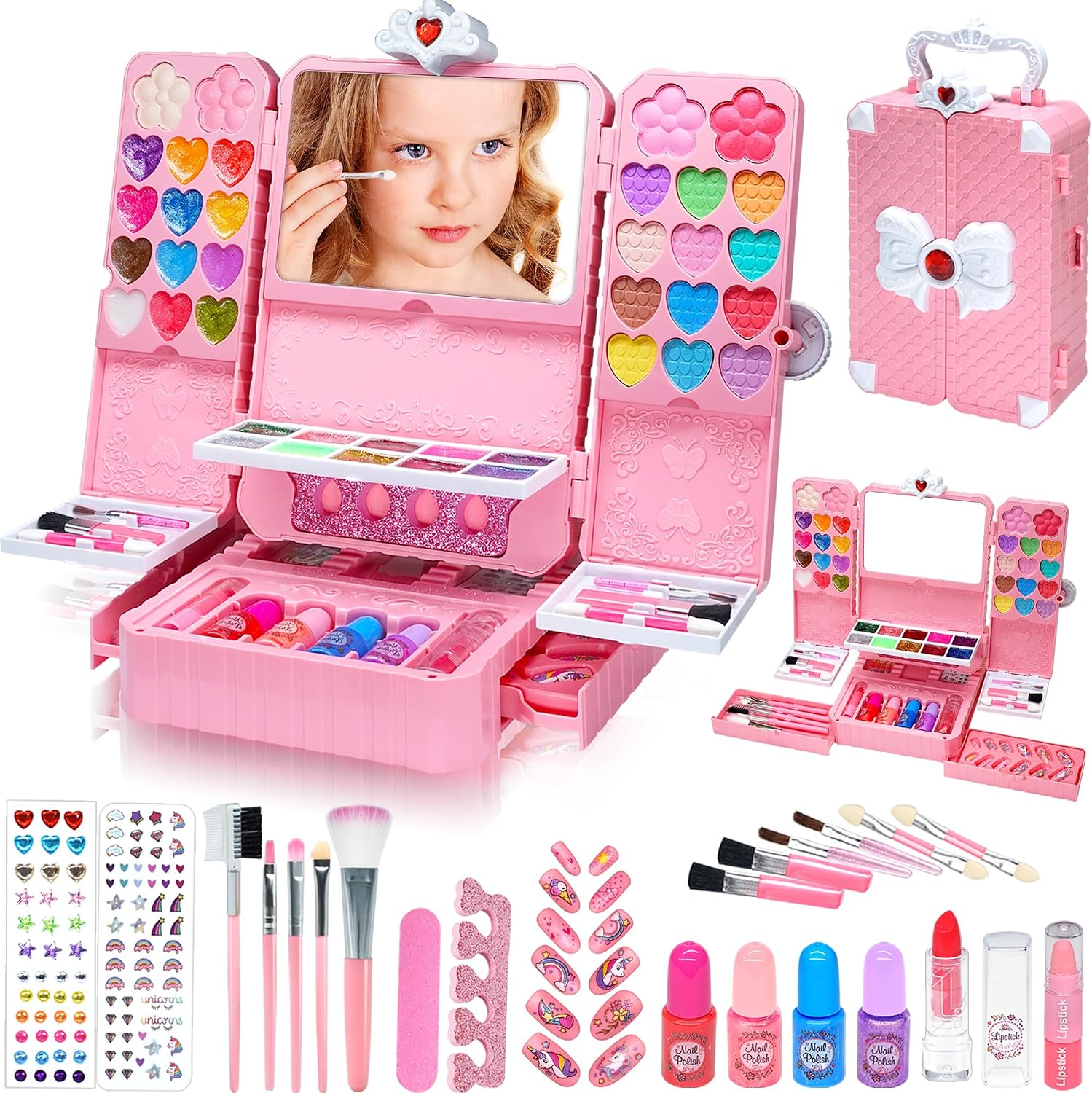 Detalle de Kinderschminke-Set für Mädchen (74-tlg.) Waschbarer Schminkkoffer als Spielgeschenk zur Prinzessin-Routine