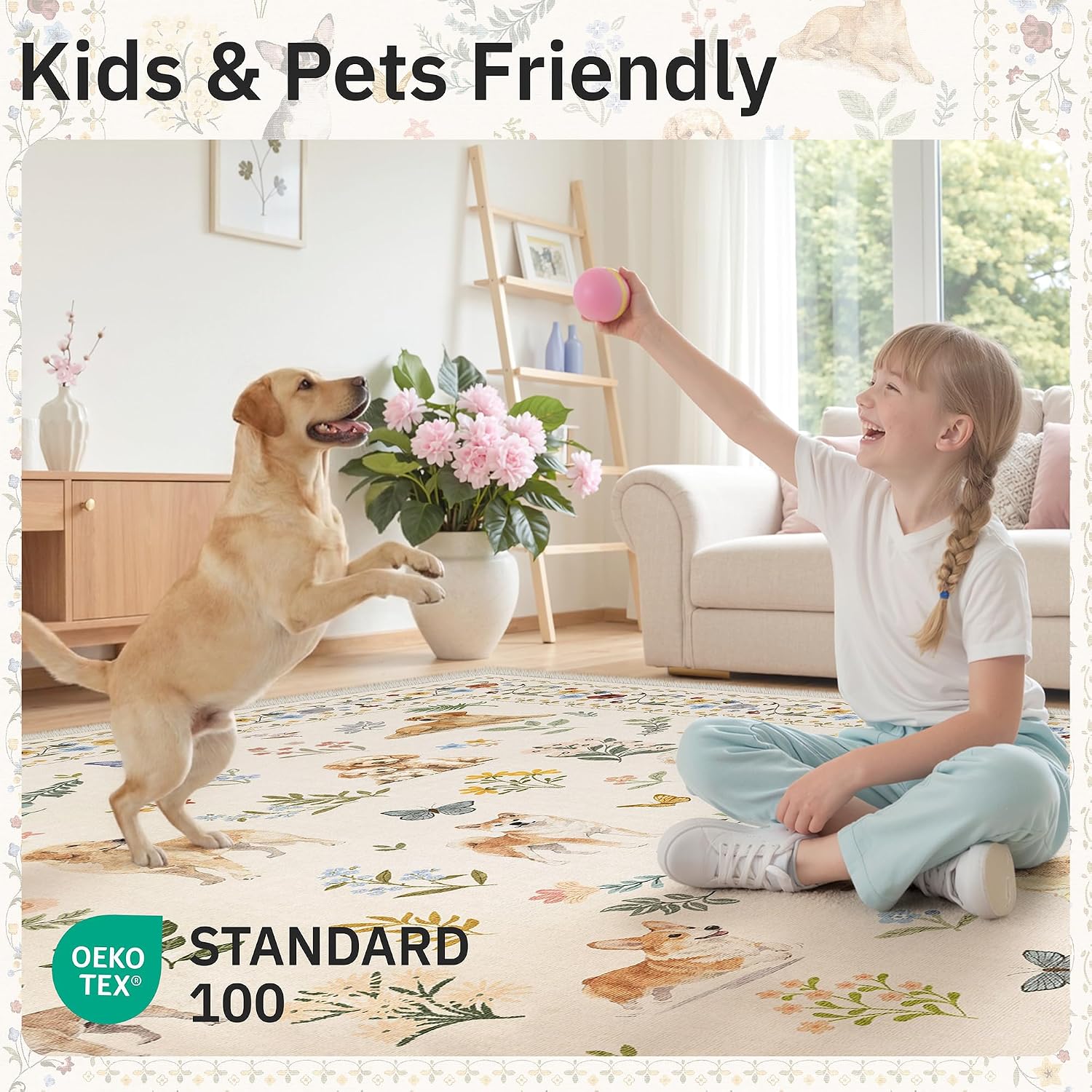 Thumbnail 6 de Soalmost 2' x 3' Beige Dog Rug, Washable Low-Pile Floral Area Rug