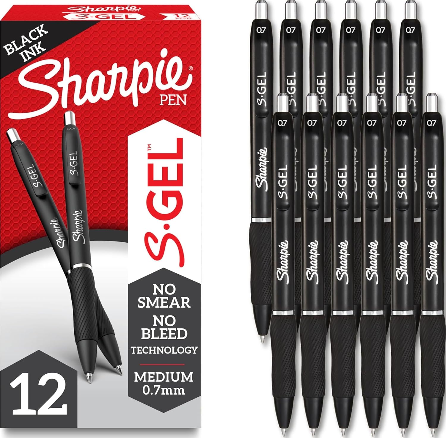 Sharpie S-Gel Gel Pens, Black Barrel, 0.7mm – 12 Pack