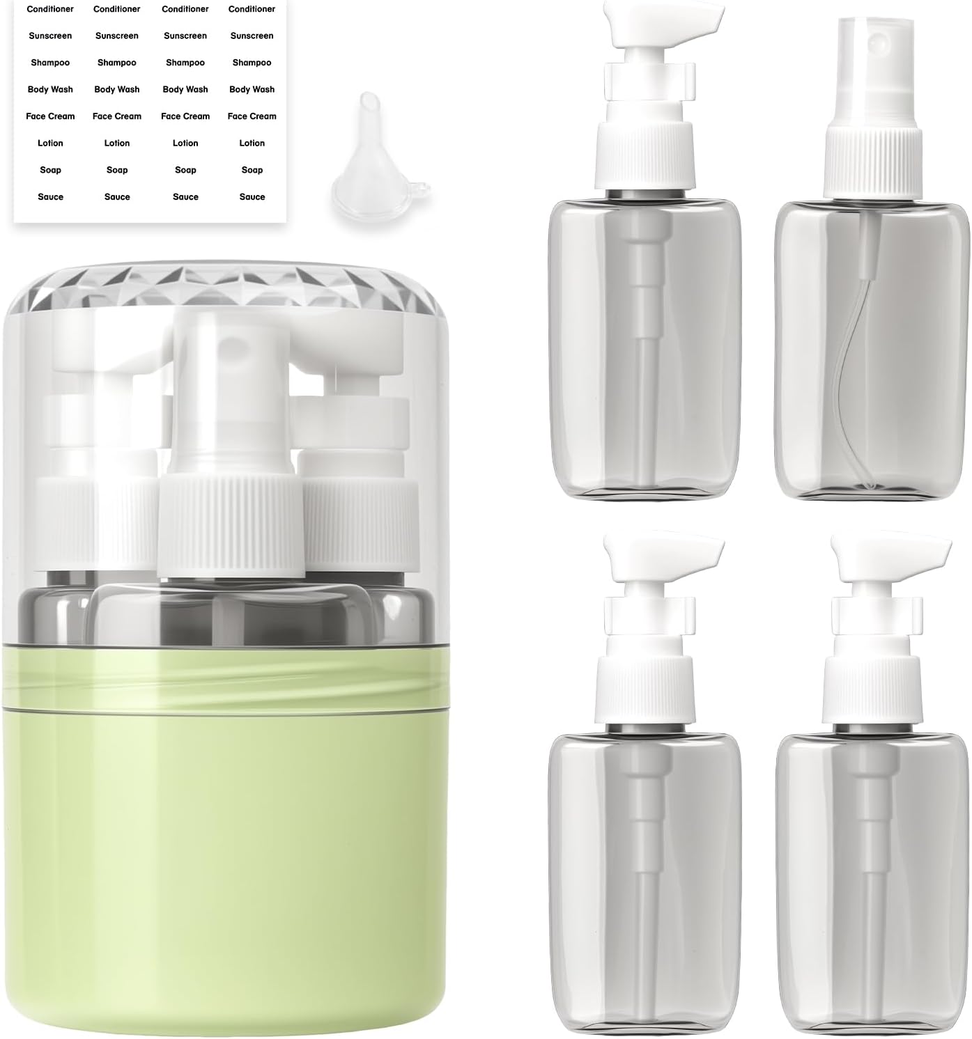 Detalle de Xiuxhae Dunkle 4-in-1 Reiseflaschen Zum Befüllen – 50 ml Pump- und Sprayflaschen im Grün, inkl. Etiketten und Trichter