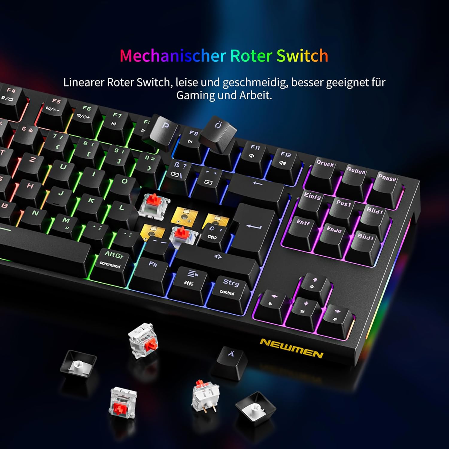 Thumbnail 2 de Newmen GM870 TKL Gaming-Tastatur (75%) mit Hot-Swap, kabelgebunden, RGB, Anti-Ghosting – deutsches QWERTZ, rote Switches
