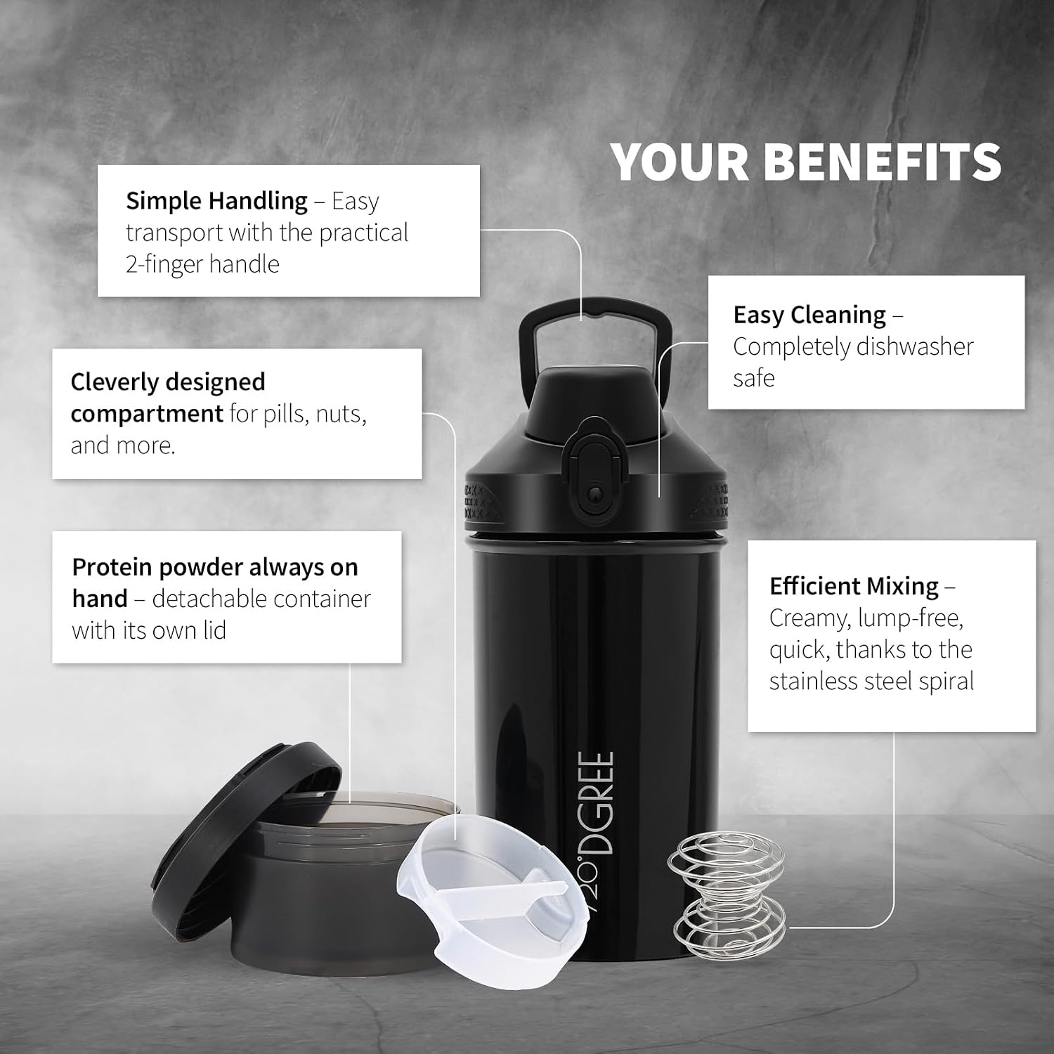 Detalle de 720°DGREE Fitness uberShaker 550 ml con scomparto polvere e clip di sicurezza, Tritan senza BPA