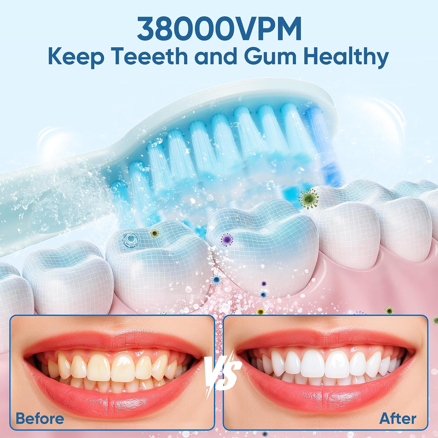 Detalle de Yoomue Sonic Electric Toothbrush for Adults & Kids — 5 Modes, 8 Heads, 2.5-Hour Fast Charge