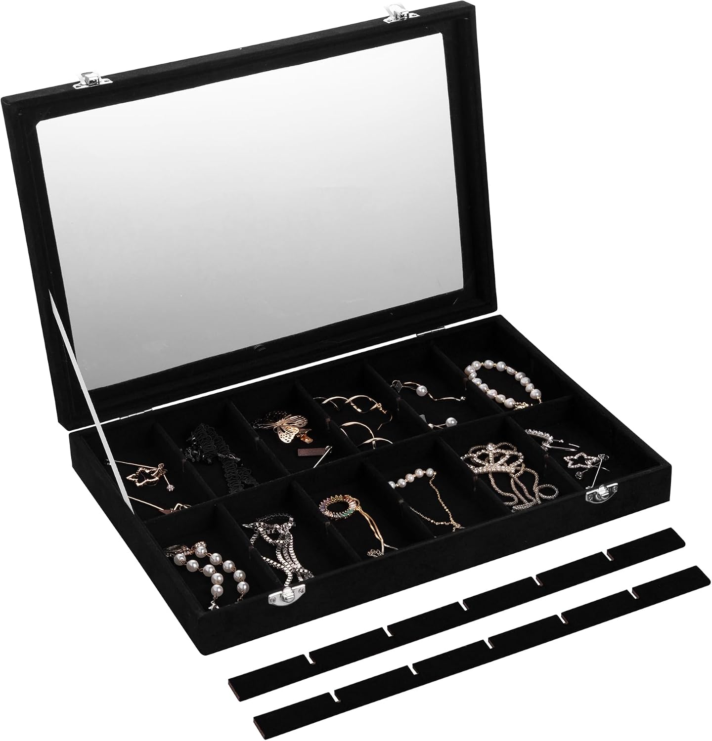 Thumbnail 4 de Frebeauty Velvet plateau de bijoux 24 compartiments – boîte de rangement avec couvercle en verre (Noir)