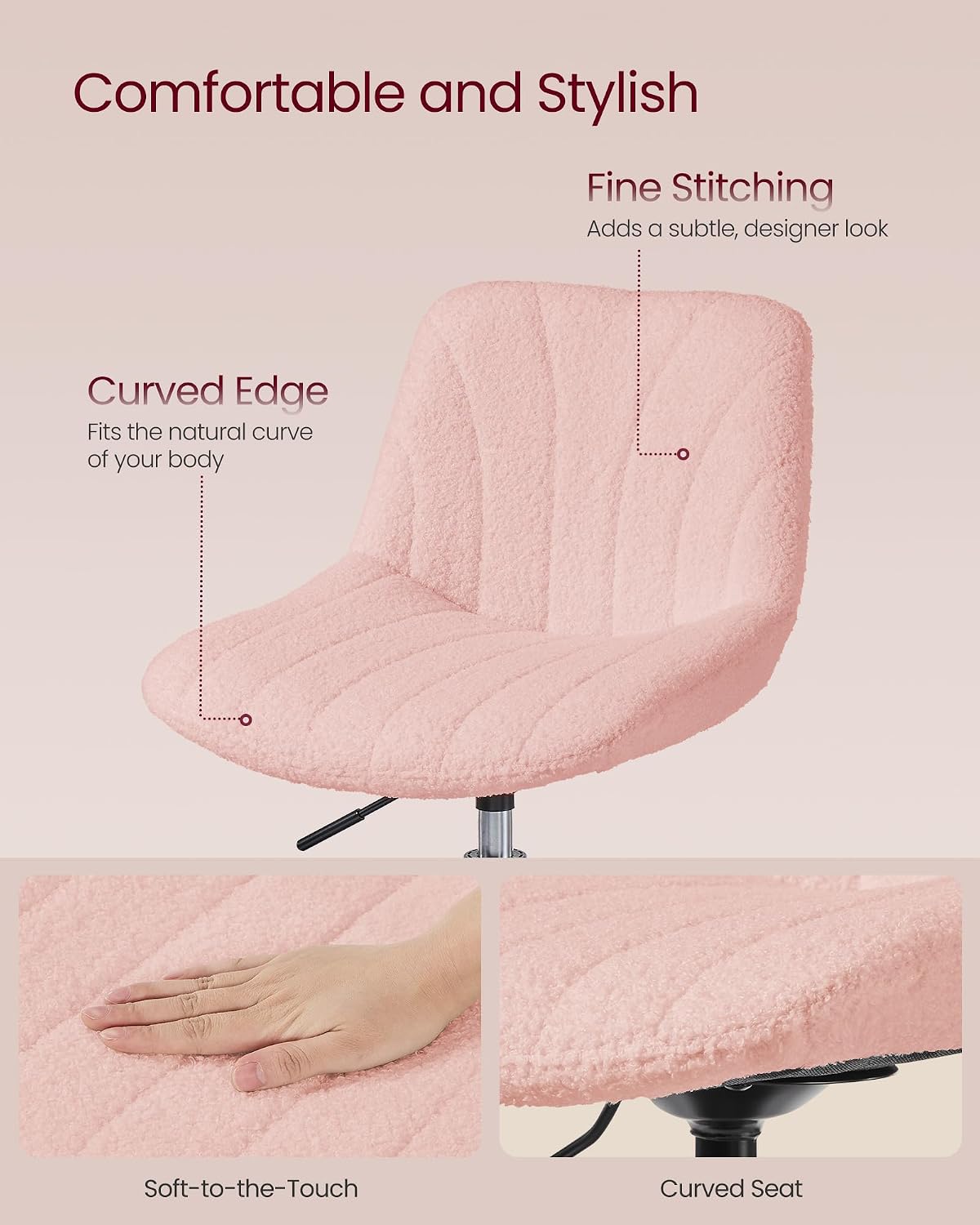 Detalle de VASAGLE Dressing Table Chair (LJB160S101) – Height‑Adjustable, 360° Swivel Bar Stool with Back in Teddy Fleece, Pink and Black