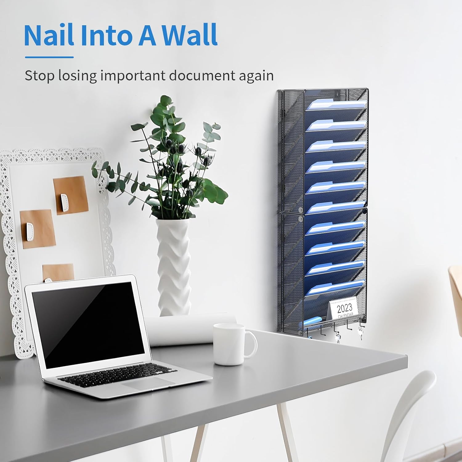 Detalle 2 de OUTWOLF OF28 12-Tier Wall File Organizer with Hooks, Black Metal Mesh