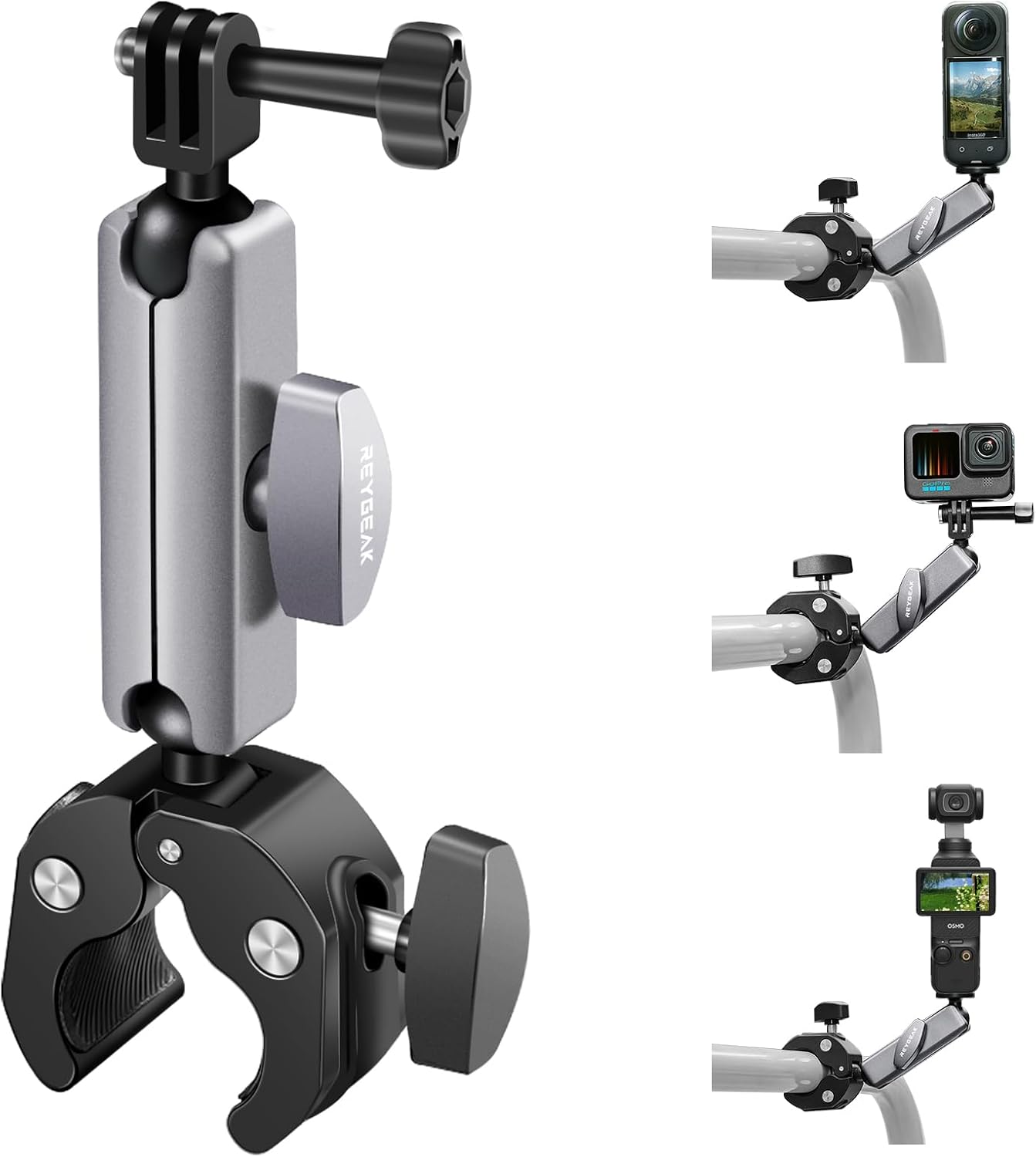 Detalle de REYGEAK Kamerahalterung: 360°-Dual-Kugelkopf, 1/4-Zoll-Schrauben, Fahrradlenkerhalterung mit Doppelklaue für GoPro Max/Hero 13–9