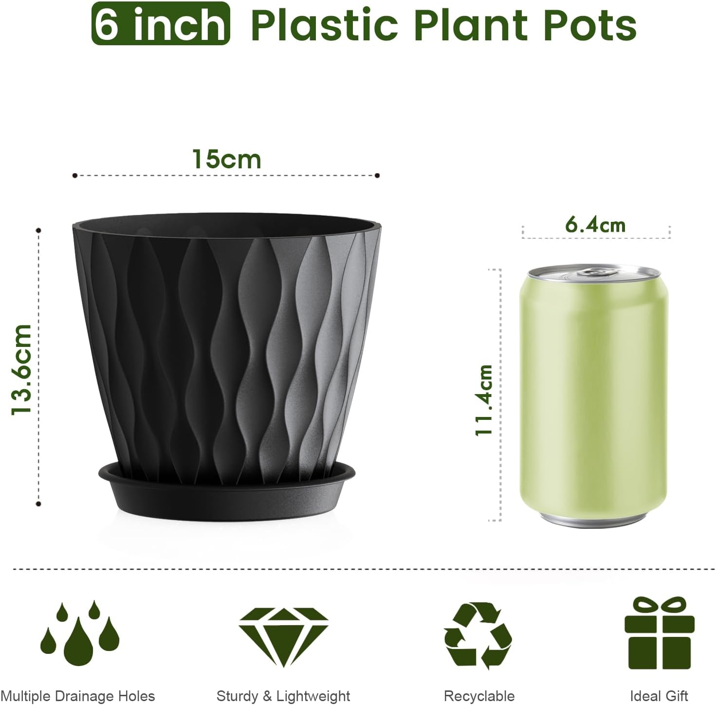 Thumbnail 1 de WSMKSZ 15 cm Plant Pots (5 Pack) with Drainage Holes – 3D Wave Texture, Black
