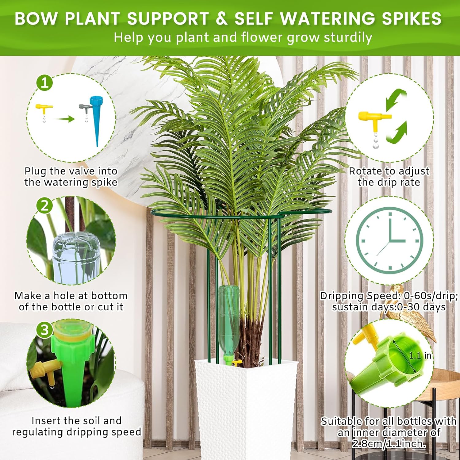 Detalle de LyTaispuly 8 PCS 60cm High Plant Support Stakes – Strong Green Half-Round Rings with Self-Watering Spikes